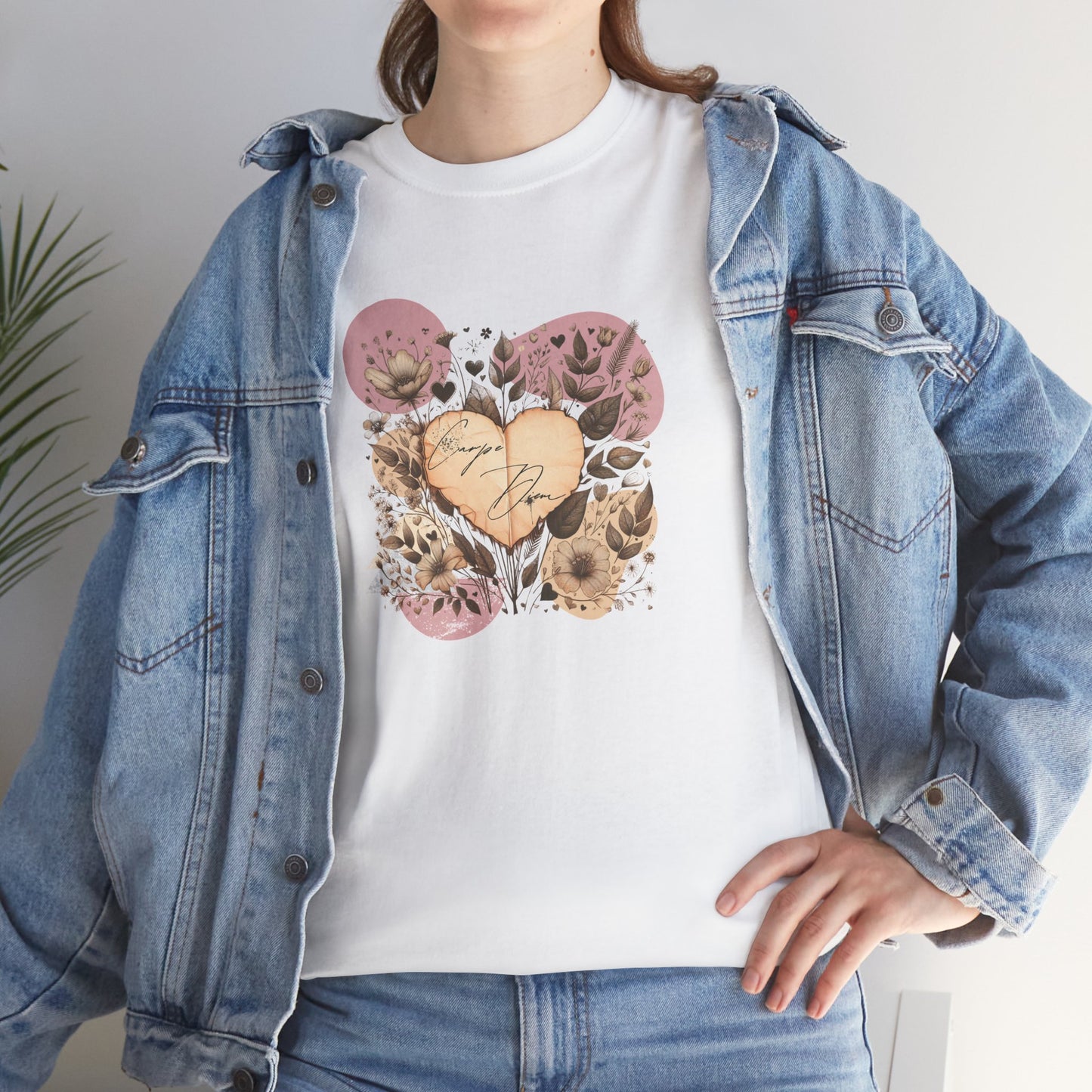 Vintage boho-style t-shirt featuring a heart-shaped aged paper design with artistic bohemian elements. This retro-inspired Carpe Diem tee is perfect for free spirits and those who embrace life's moments in style.