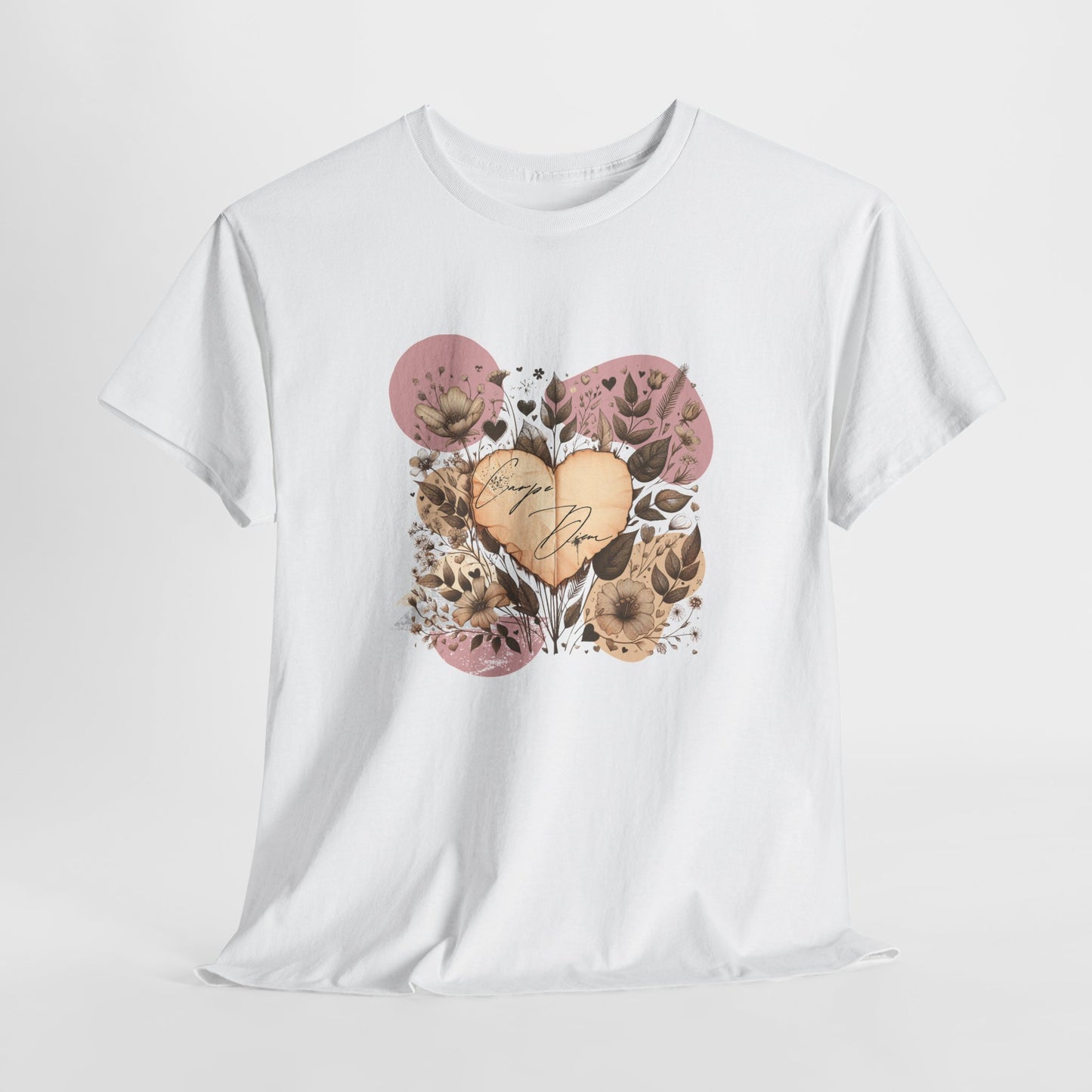 Vintage boho-style t-shirt featuring a heart-shaped aged paper design with artistic bohemian elements. This retro-inspired Carpe Diem tee is perfect for free spirits and those who embrace life's moments in style.