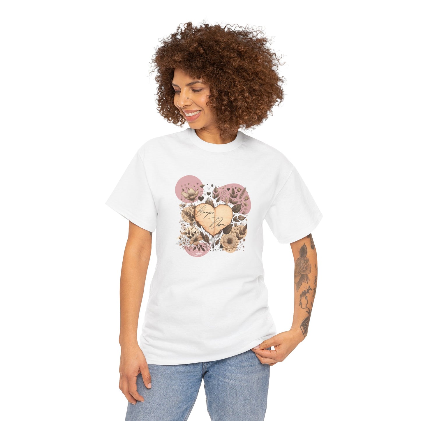 Vintage boho-style t-shirt featuring a heart-shaped aged paper design with artistic bohemian elements. This retro-inspired Carpe Diem tee is perfect for free spirits and those who embrace life's moments in style.