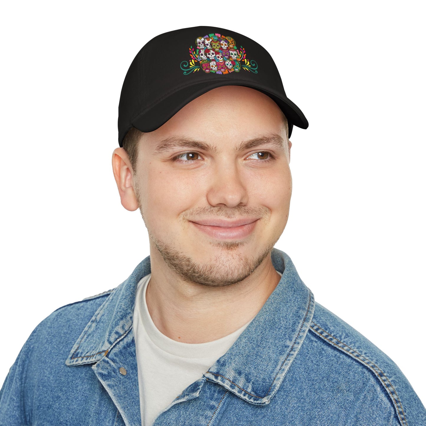 Vibrant Catrina collage cap inspired by Día de Muertos, celebrating Mexican heritage with bold artistry. Perfect for festive occasions, it honors Mexican traditions and adds a lively touch to your look.