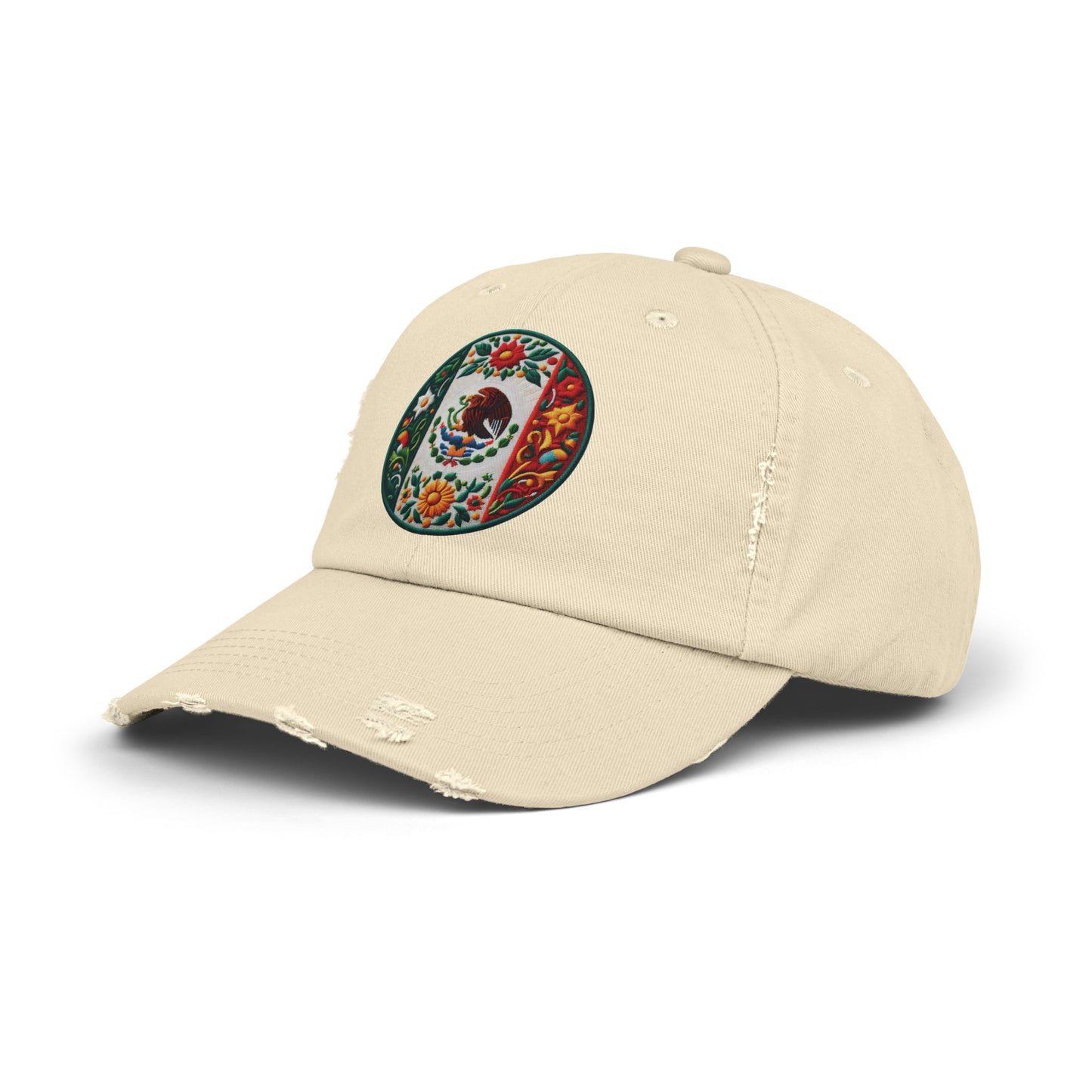 Distressed unisex cap featuring an embroidered Mexico flag design, inspired by traditional Mexican artistry. A perfect accessory for celebrating cultural pride on occasions like 5 de Mayo and Día de los Muertos.