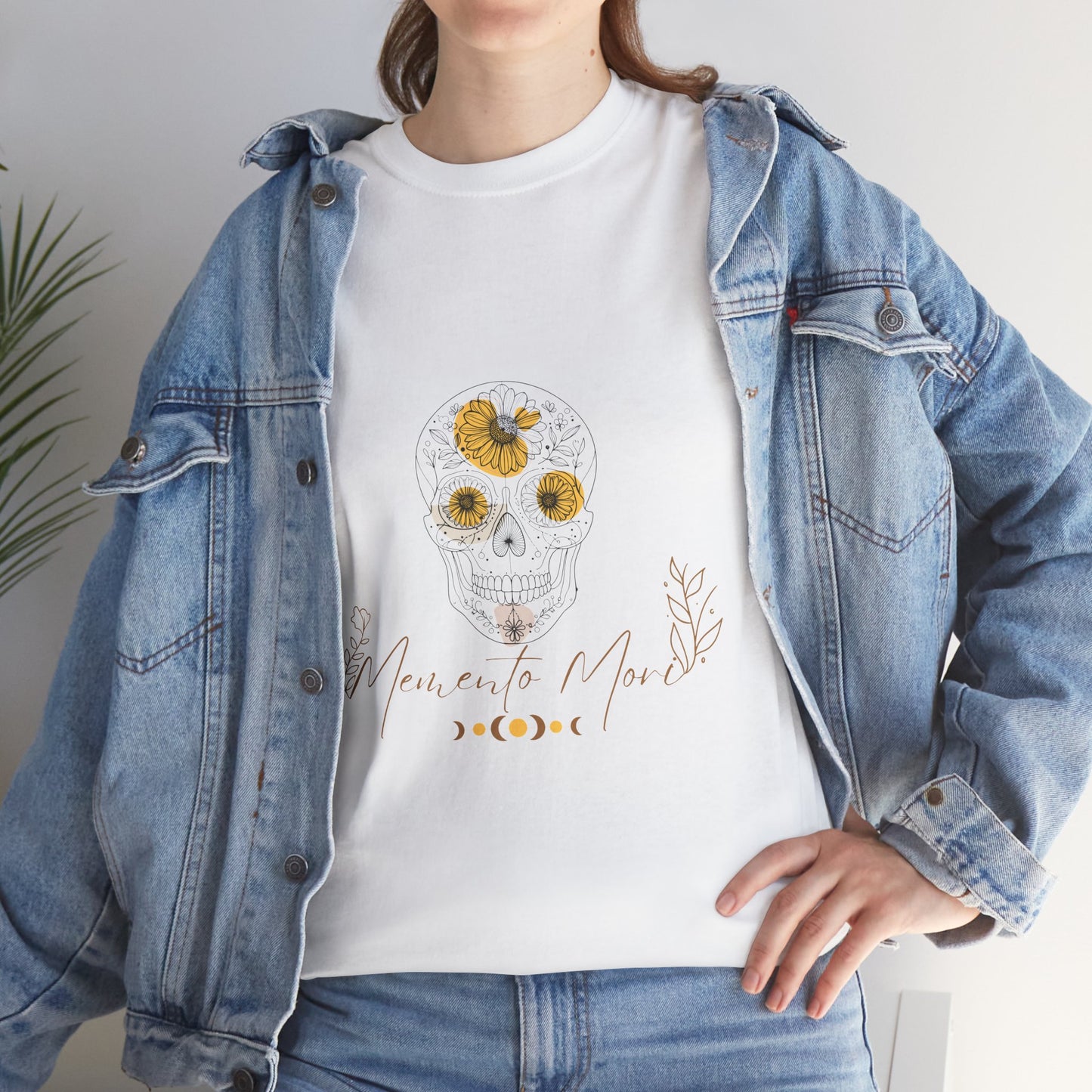 Floral Memento Mori Skull T-Shirt featuring intricate floral details fused with a striking skull design. This unisex heavy cotton tee embodies boho chic style and bohemian charm, making it perfect for casual gatherings, concerts, or everyday wear, and an ideal gift for celebrating individuality.