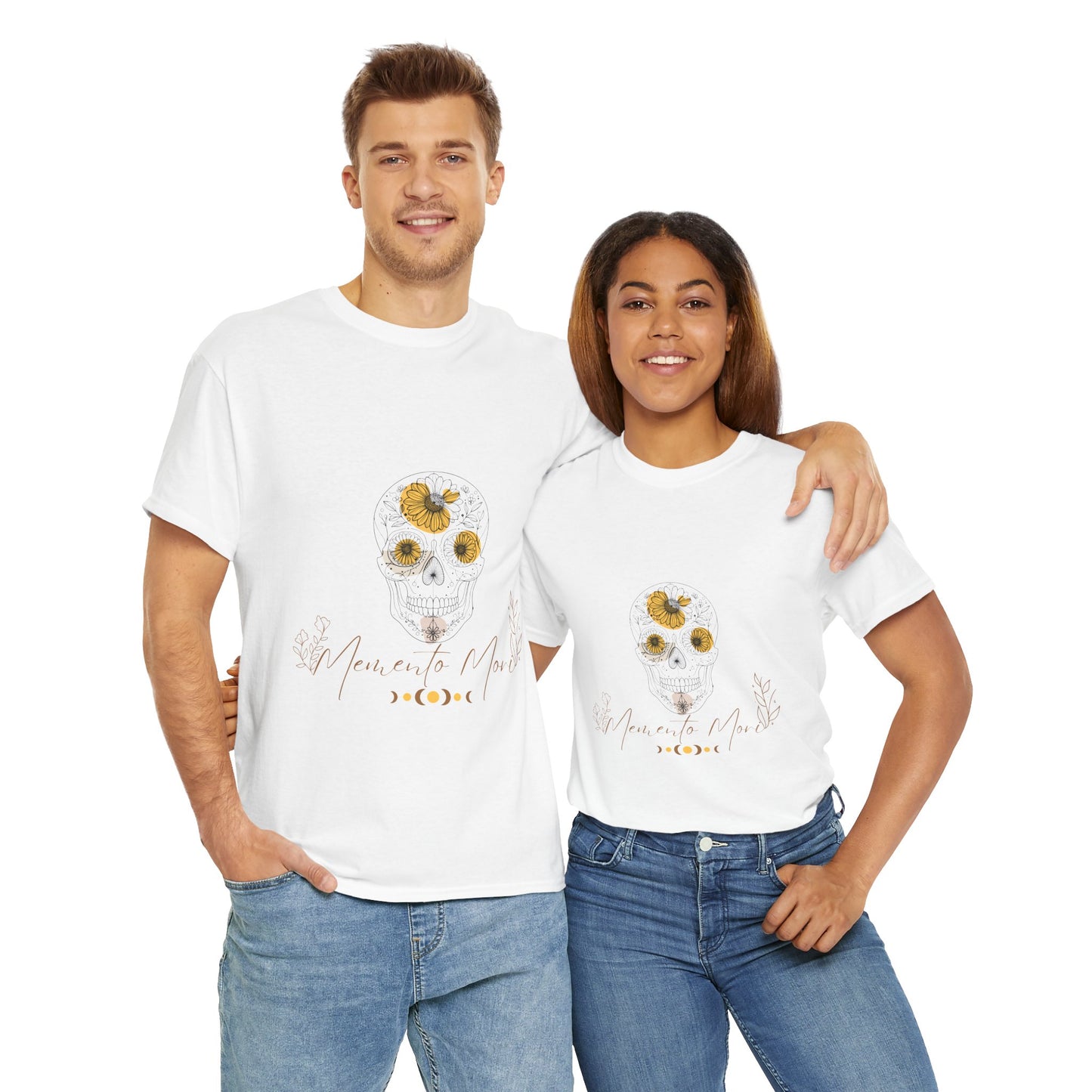 Floral Memento Mori Skull T-Shirt featuring intricate floral details fused with a striking skull design. This unisex heavy cotton tee embodies boho chic style and bohemian charm, making it perfect for casual gatherings, concerts, or everyday wear, and an ideal gift for celebrating individuality.