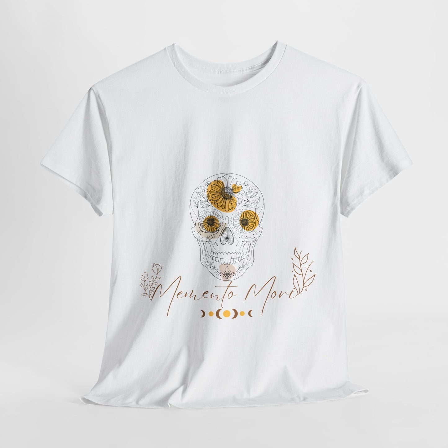 Floral Memento Mori Skull T-Shirt featuring intricate floral details fused with a striking skull design. This unisex heavy cotton tee embodies boho chic style and bohemian charm, making it perfect for casual gatherings, concerts, or everyday wear, and an ideal gift for celebrating individuality.