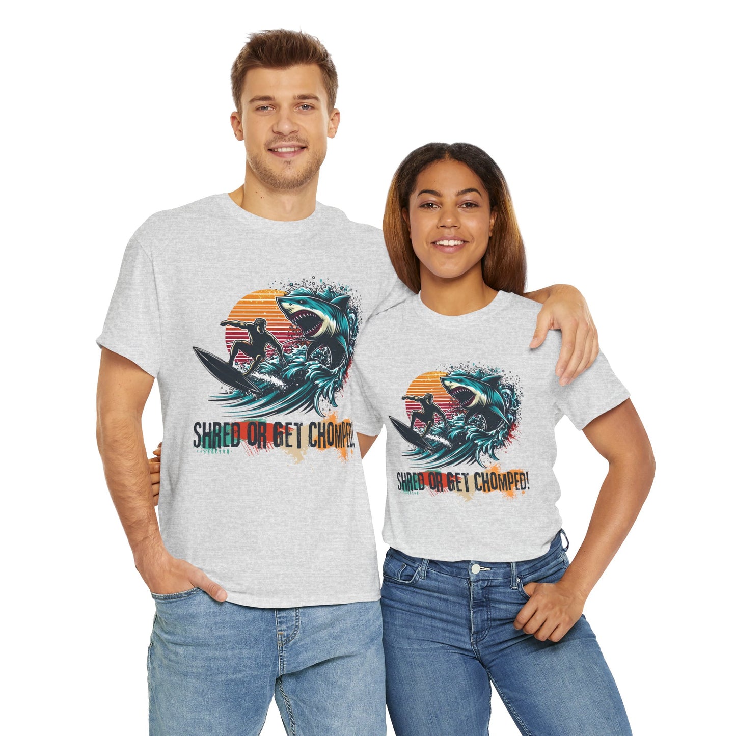 Vintage retro-style Shred or Get Chomped! Surf & Shark T-Shirt, featuring a bold surfer and menacing shark design. Perfect for thrill-seekers, beach lovers, and those who embrace the spirit of summer waves and adventure. Ideal for casual wear, surf shops, and beach outings