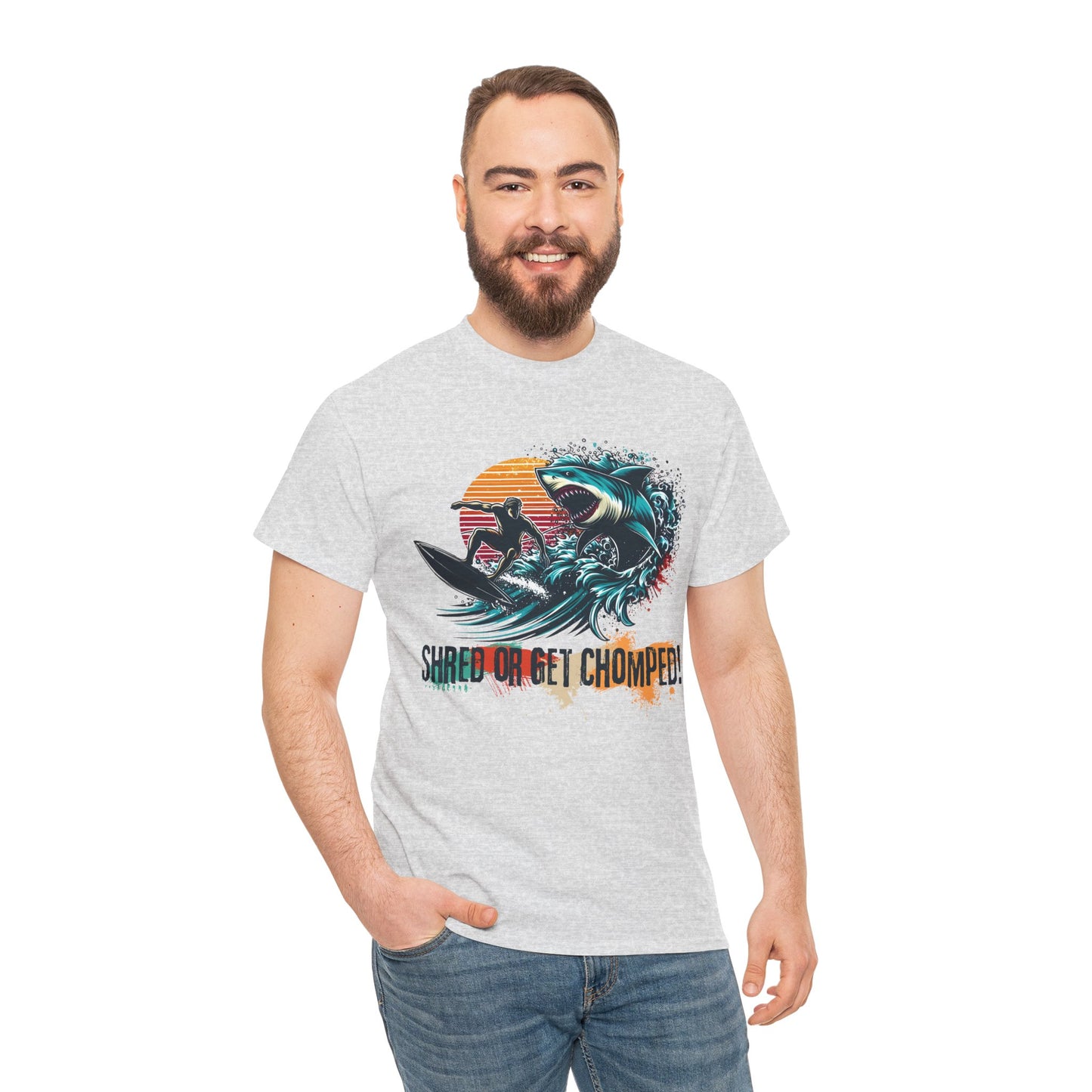 Vintage retro-style Shred or Get Chomped! Surf & Shark T-Shirt, featuring a bold surfer and menacing shark design. Perfect for thrill-seekers, beach lovers, and those who embrace the spirit of summer waves and adventure. Ideal for casual wear, surf shops, and beach outings.