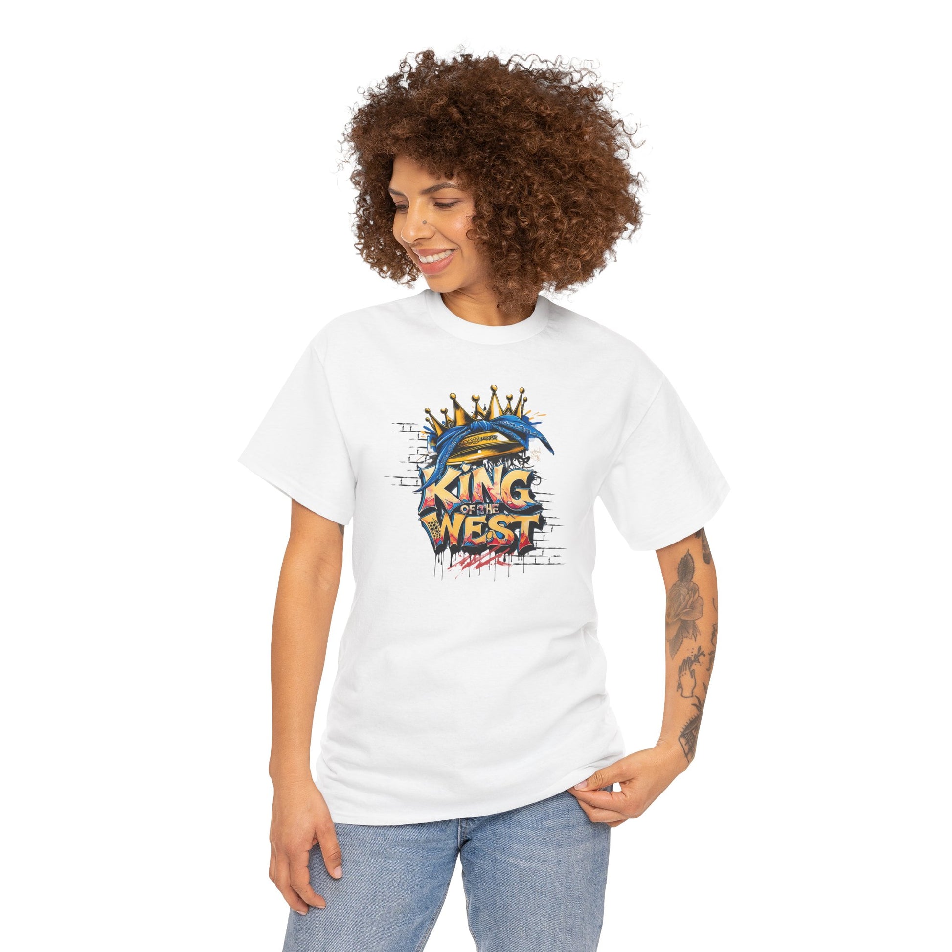 2Pac T-Shirt featuring a crown wrapped in a bandana with graffiti text "King of the West," an original design tribute to Tupac and West Coast rap, perfect for hip hop fans and urban streetwear style.
