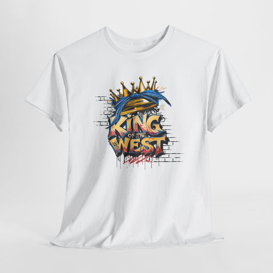 2Pac T-Shirt featuring a crown wrapped in a bandana with graffiti text "King of the West," an original design tribute to Tupac and West Coast rap, perfect for hip hop fans and urban streetwear style.