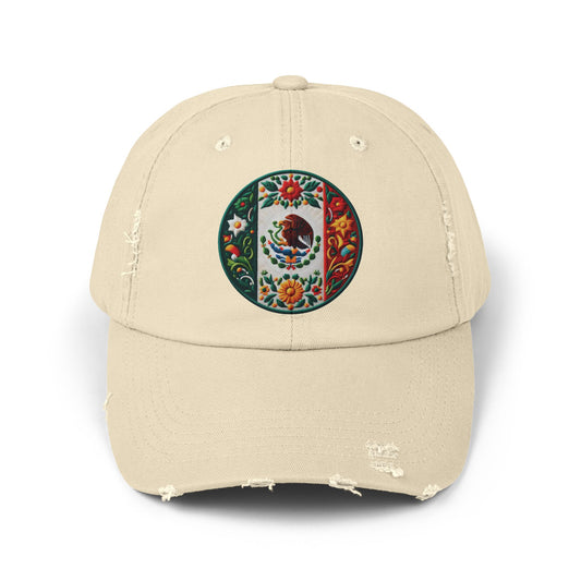 Distressed unisex cap featuring an embroidered Mexico flag design, inspired by traditional Mexican artistry. A perfect accessory for celebrating cultural pride on occasions like 5 de Mayo and Día de los Muertos.