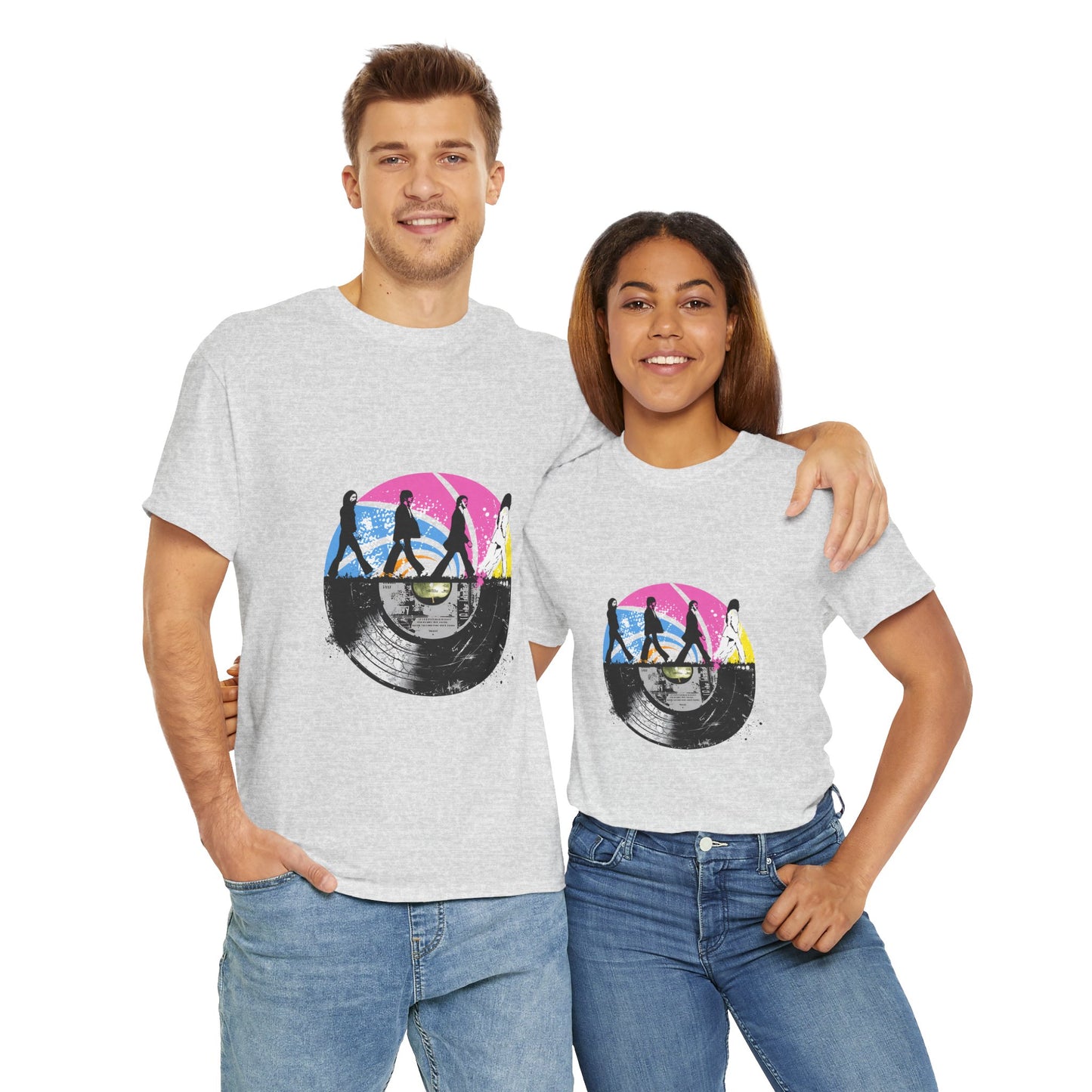 Unisex heavy cotton t-shirt featuring an original Beatles tribute design. This tee blends a classic Abbey Road silhouette with a vibrant vintage vinyl record print, capturing retro rock vibes and timeless nostalgia. Perfect for concerts, casual hangouts, and music-themed events.