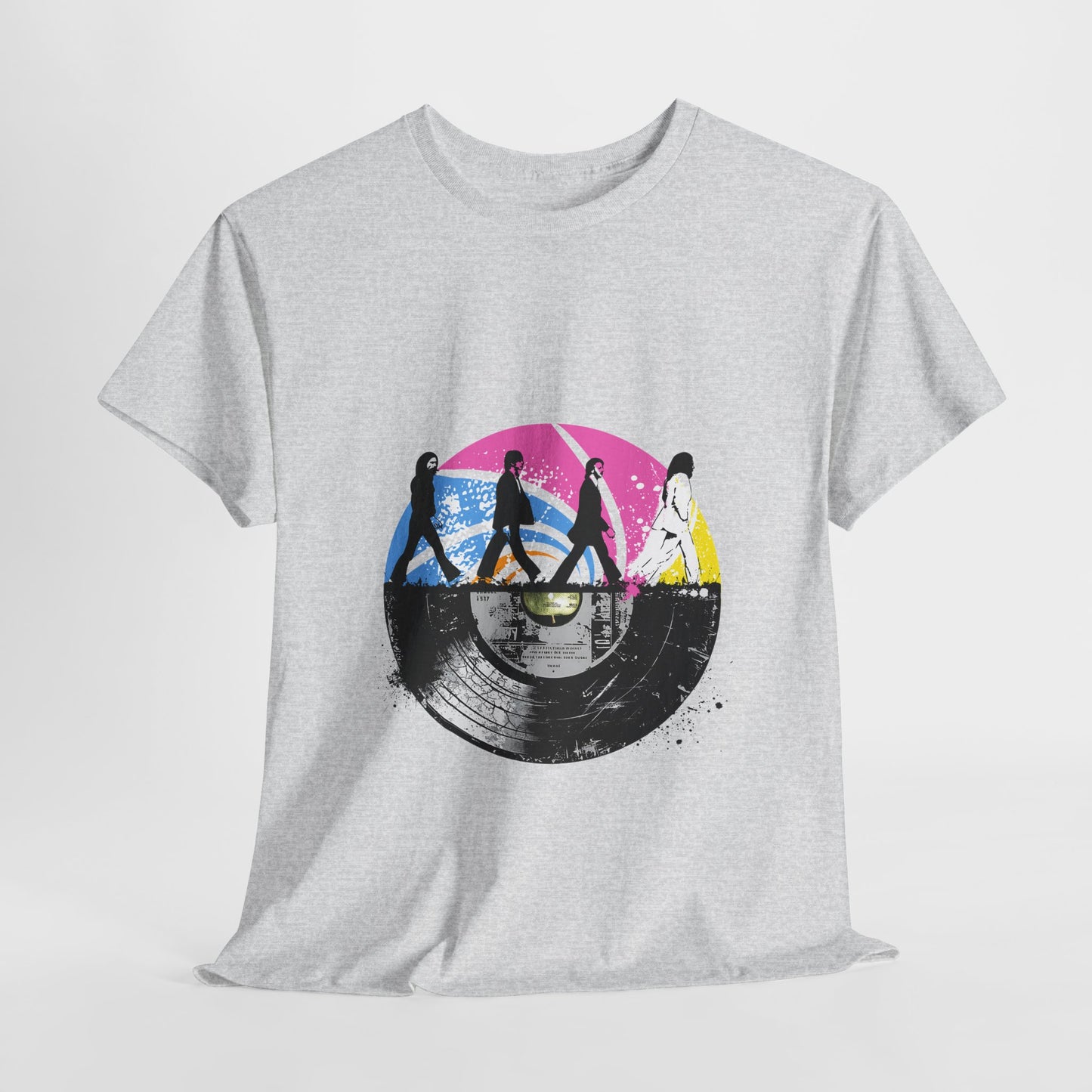 Unisex heavy cotton t-shirt featuring an original Beatles tribute design. This tee blends a classic Abbey Road silhouette with a vibrant vintage vinyl record print, capturing retro rock vibes and timeless nostalgia. Perfect for concerts, casual hangouts, and music-themed events.