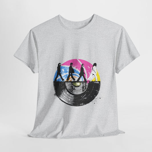Unisex heavy cotton t-shirt featuring an original Beatles tribute design. This tee blends a classic Abbey Road silhouette with a vibrant vintage vinyl record print, capturing retro rock vibes and timeless nostalgia. Perfect for concerts, casual hangouts, and music-themed events.
