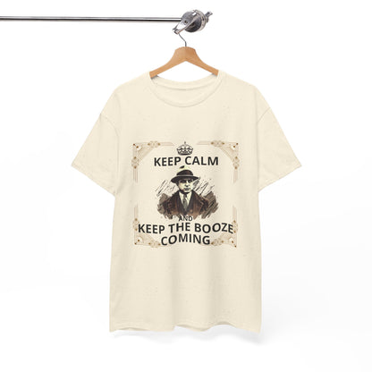 Original design Al Capone T-Shirt featuring a vintage retro style and the bold slogan "Keep Calm and Keep Booze Coming." Embrace the 1920s gangster era and mafia culture with this striking aesthetic tee, perfect for casual outings, social gatherings, or as a standout gift for those who appreciate classic style and a humorous nod to booze.