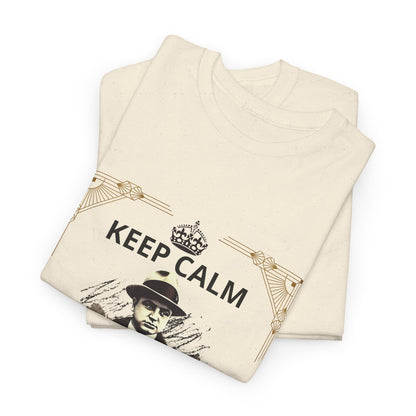 Original design Al Capone T-Shirt featuring a vintage retro style and the bold slogan "Keep Calm and Keep Booze Coming." Embrace the 1920s gangster era and mafia culture with this striking aesthetic tee, perfect for casual outings, social gatherings, or as a standout gift for those who appreciate classic style and a humorous nod to booze.
