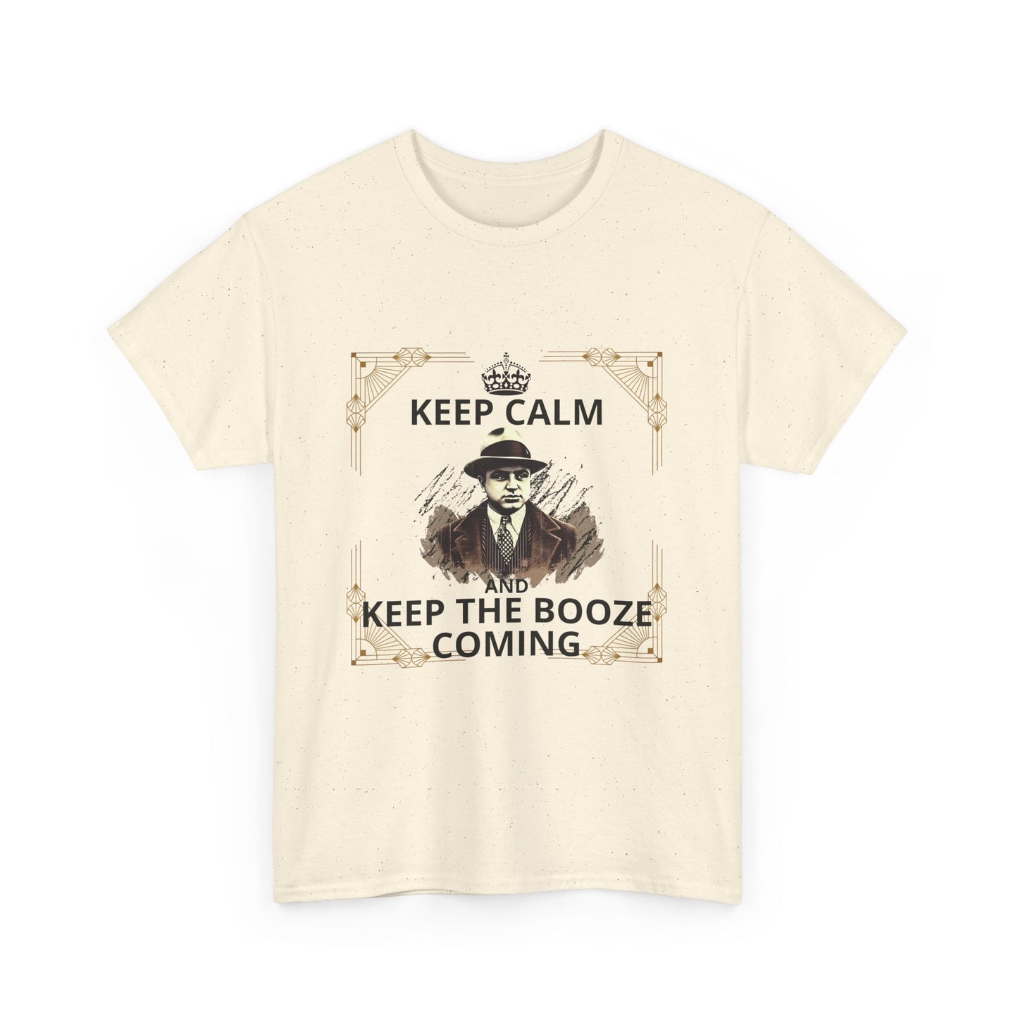 Original design Al Capone T-Shirt featuring a vintage retro style and the bold slogan "Keep Calm and Keep Booze Coming." Embrace the 1920s gangster era and mafia culture with this striking aesthetic tee, perfect for casual outings, social gatherings, or as a standout gift for those who appreciate classic style and a humorous nod to booze.