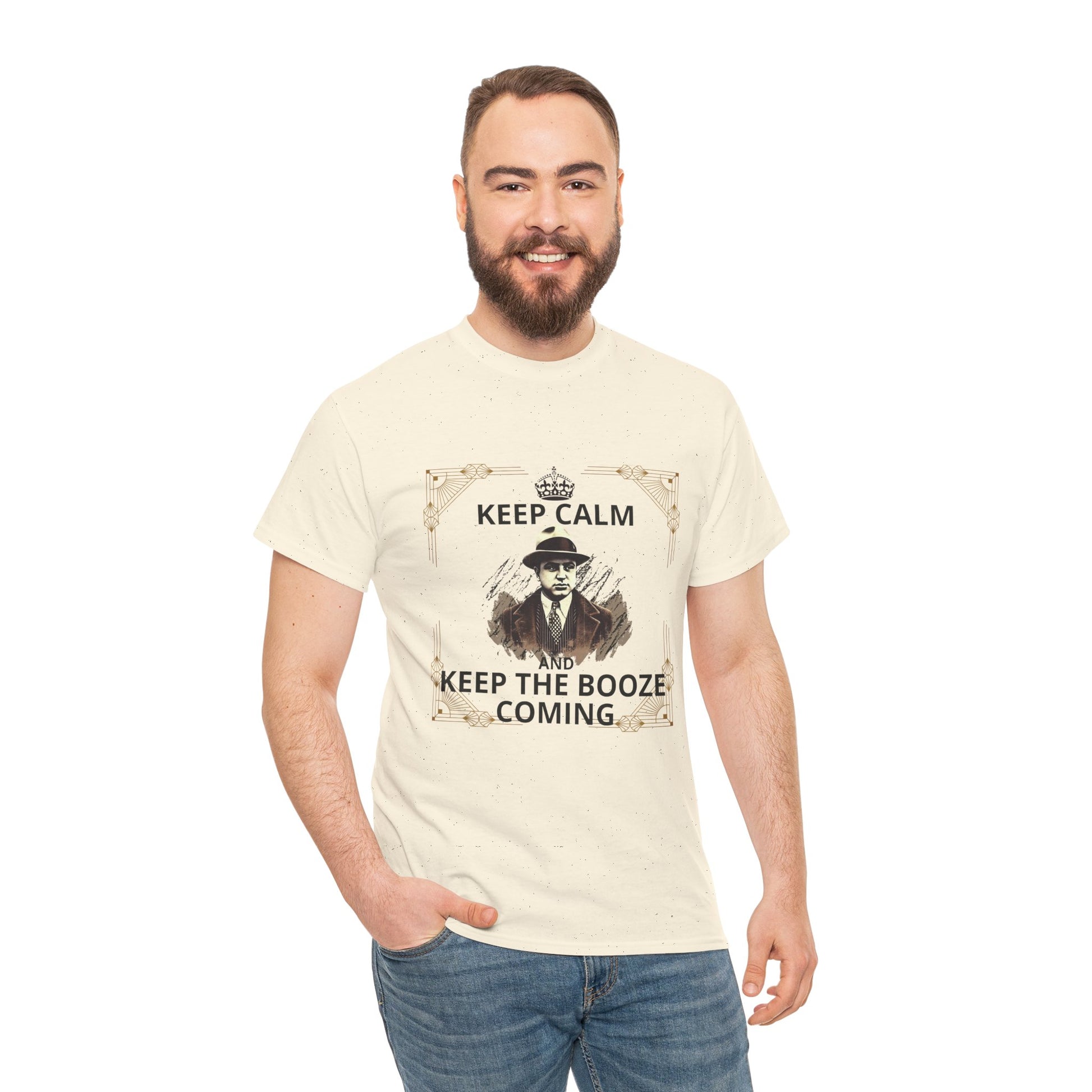 Original design Al Capone T-Shirt featuring a vintage retro style and the bold slogan "Keep Calm and Keep Booze Coming." Embrace the 1920s gangster era and mafia culture with this striking aesthetic tee, perfect for casual outings, social gatherings, or as a standout gift for those who appreciate classic style and a humorous nod to booze.