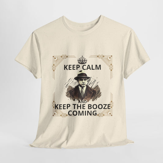 Original design Al Capone T-Shirt featuring a vintage retro style and the bold slogan "Keep Calm and Keep Booze Coming." Embrace the 1920s gangster era and mafia culture with this striking aesthetic tee, perfect for casual outings, social gatherings, or as a standout gift for those who appreciate classic style and a humorous nod to booze.