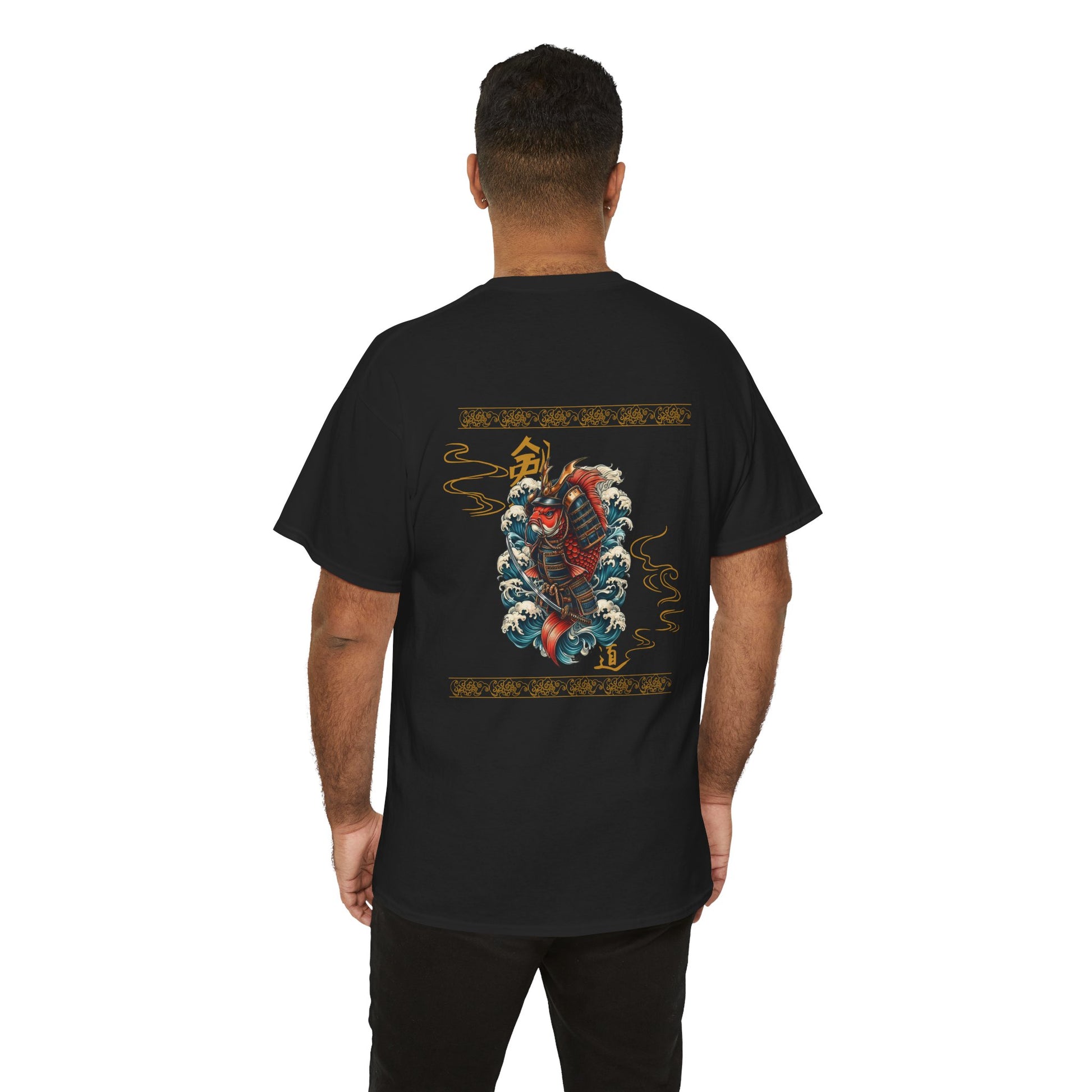 Asian Koi Samurai T-shirt featuring a dynamic koi fish in samurai armor surrounded by flowing waves, blending traditional Japanese tattoo art with modern style.