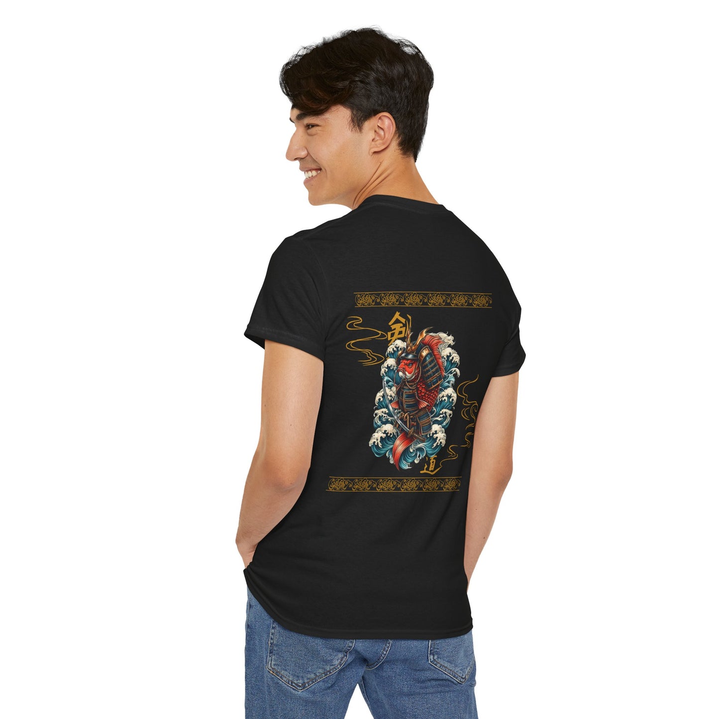 Asian Koi Samurai T-shirt featuring a dynamic koi fish in samurai armor surrounded by flowing waves, blending traditional Japanese tattoo art with modern style.