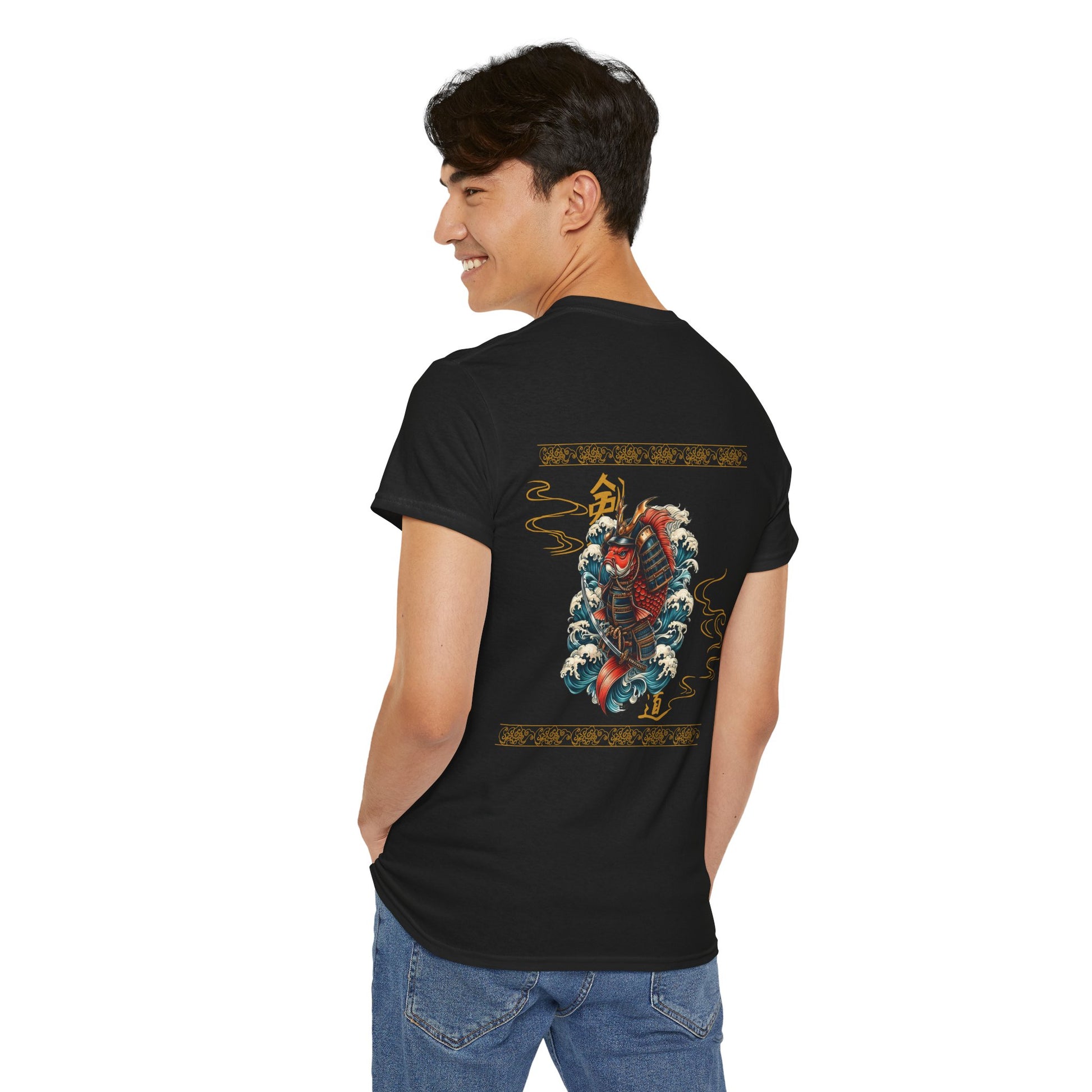 Asian Koi Samurai T-shirt featuring a dynamic koi fish in samurai armor surrounded by flowing waves, blending traditional Japanese tattoo art with modern style.