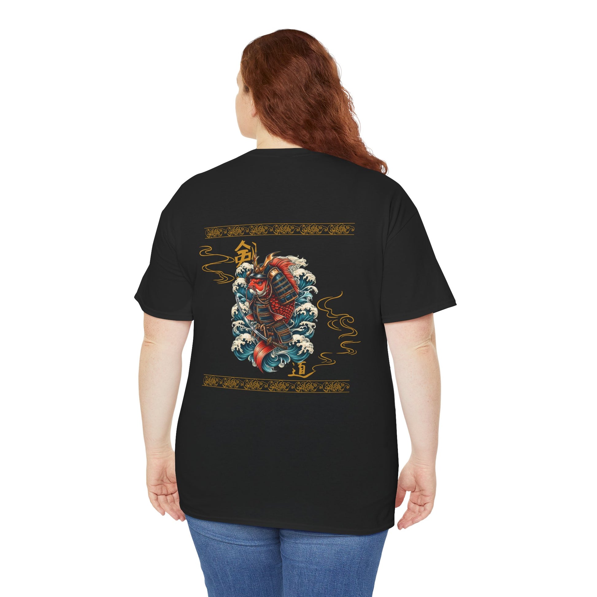 Asian Koi Samurai T-shirt featuring a dynamic koi fish in samurai armor surrounded by flowing waves, blending traditional Japanese tattoo art with modern style.