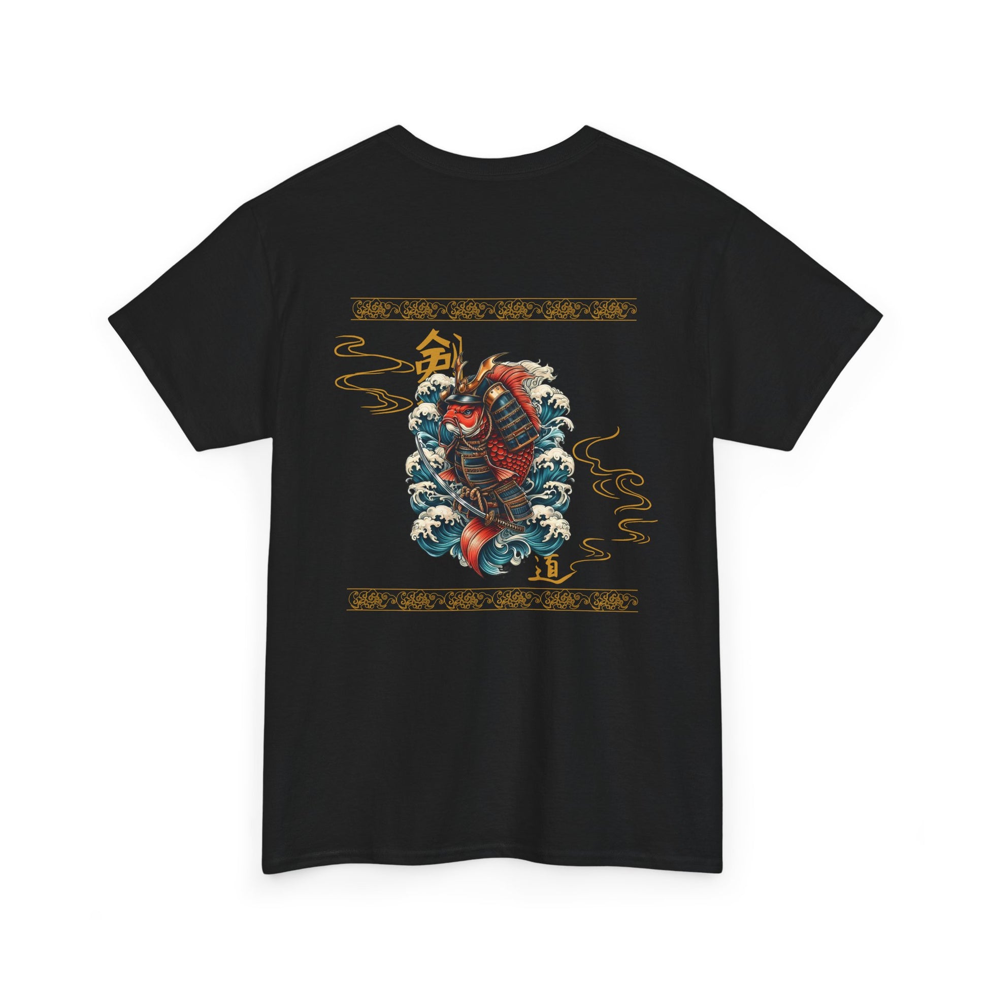 Asian Koi Samurai T-shirt featuring a dynamic koi fish in samurai armor surrounded by flowing waves, blending traditional Japanese tattoo art with modern style.