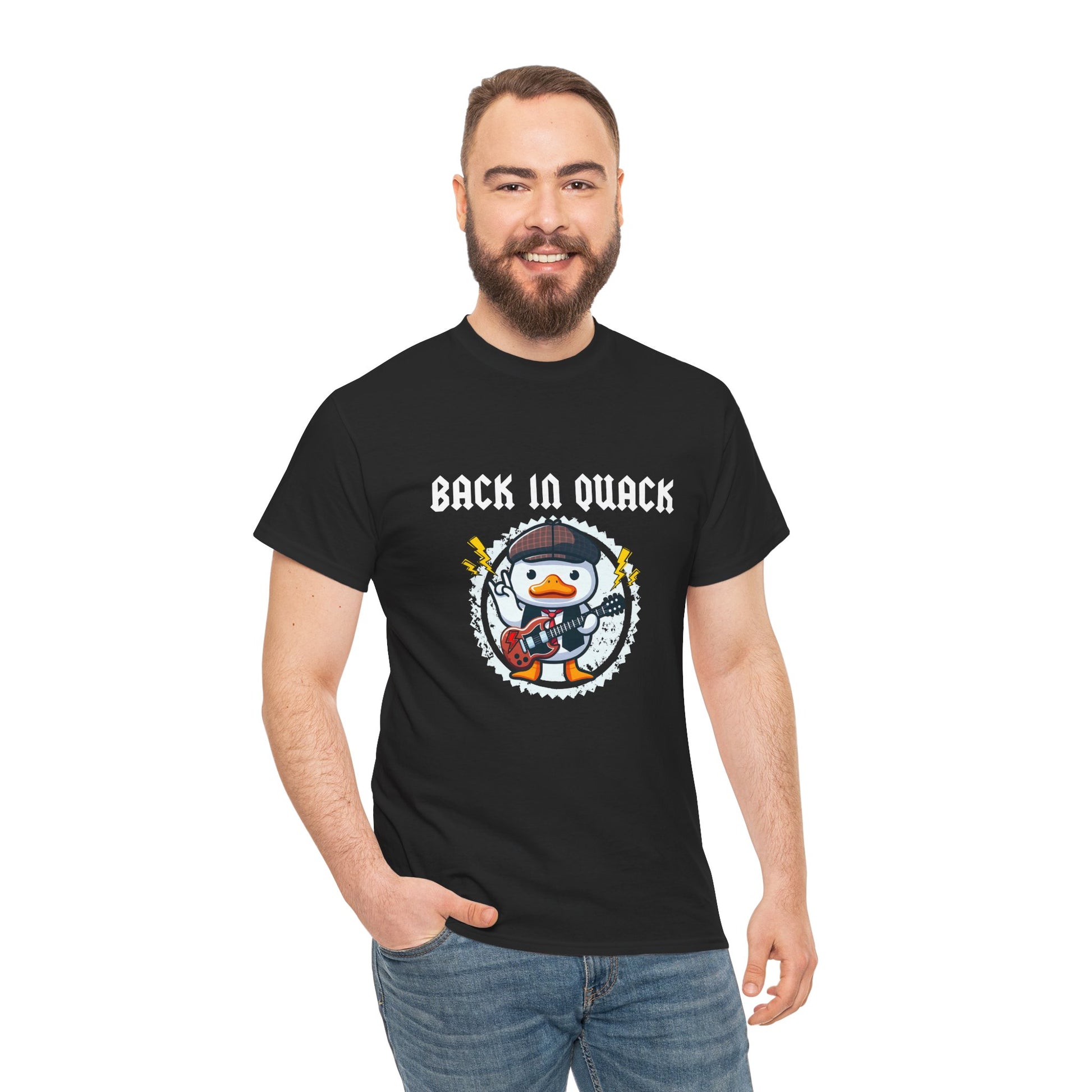 Back in Black T-Shirt featuring a duck dressed as Angus Young playing guitar—a playful AC/DC tribute on a unisex heavy cotton tee perfect for rock and classic rock fans.