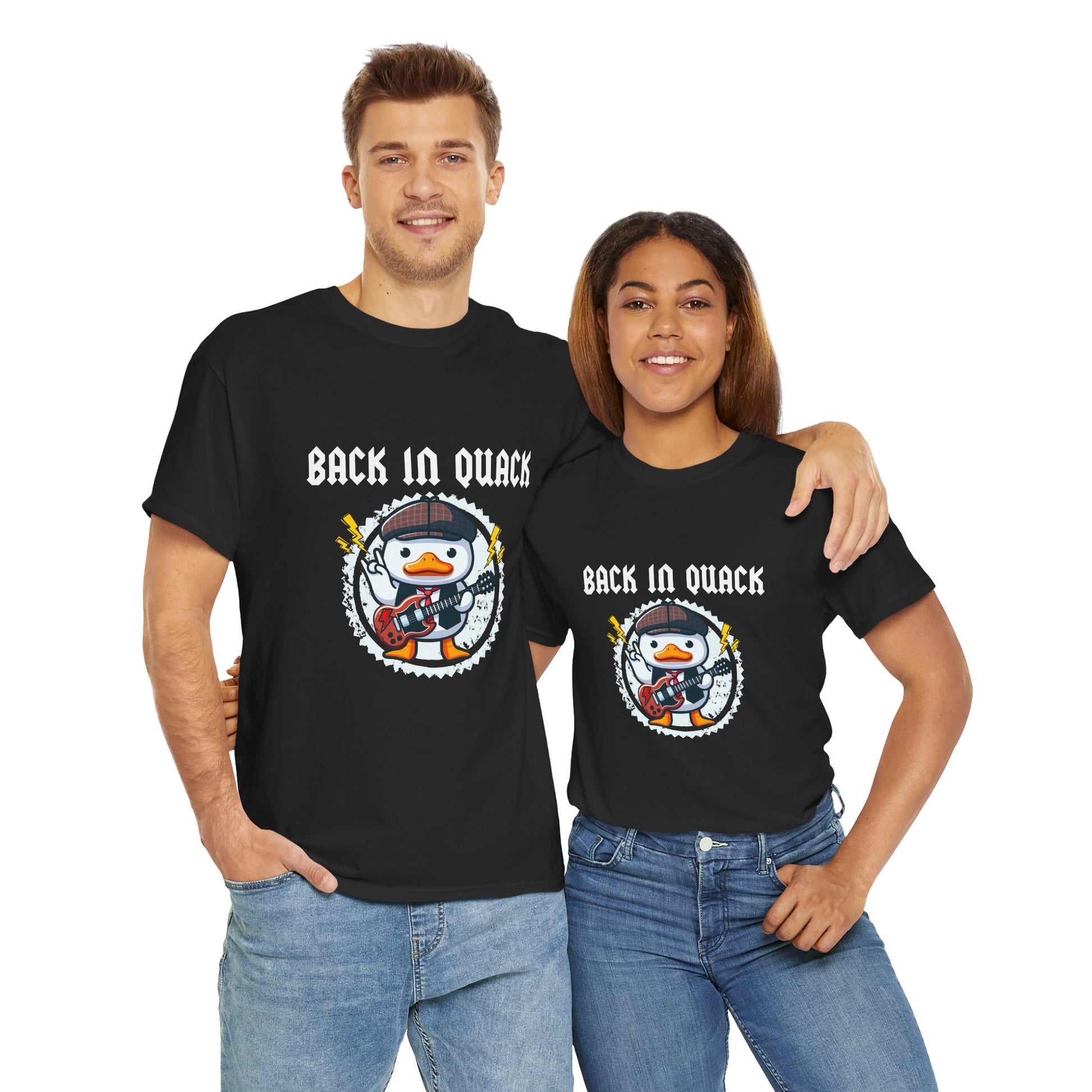 Back in Black T-Shirt featuring a duck dressed as Angus Young playing guitar—a playful AC/DC tribute on a unisex heavy cotton tee perfect for rock and classic rock fans.