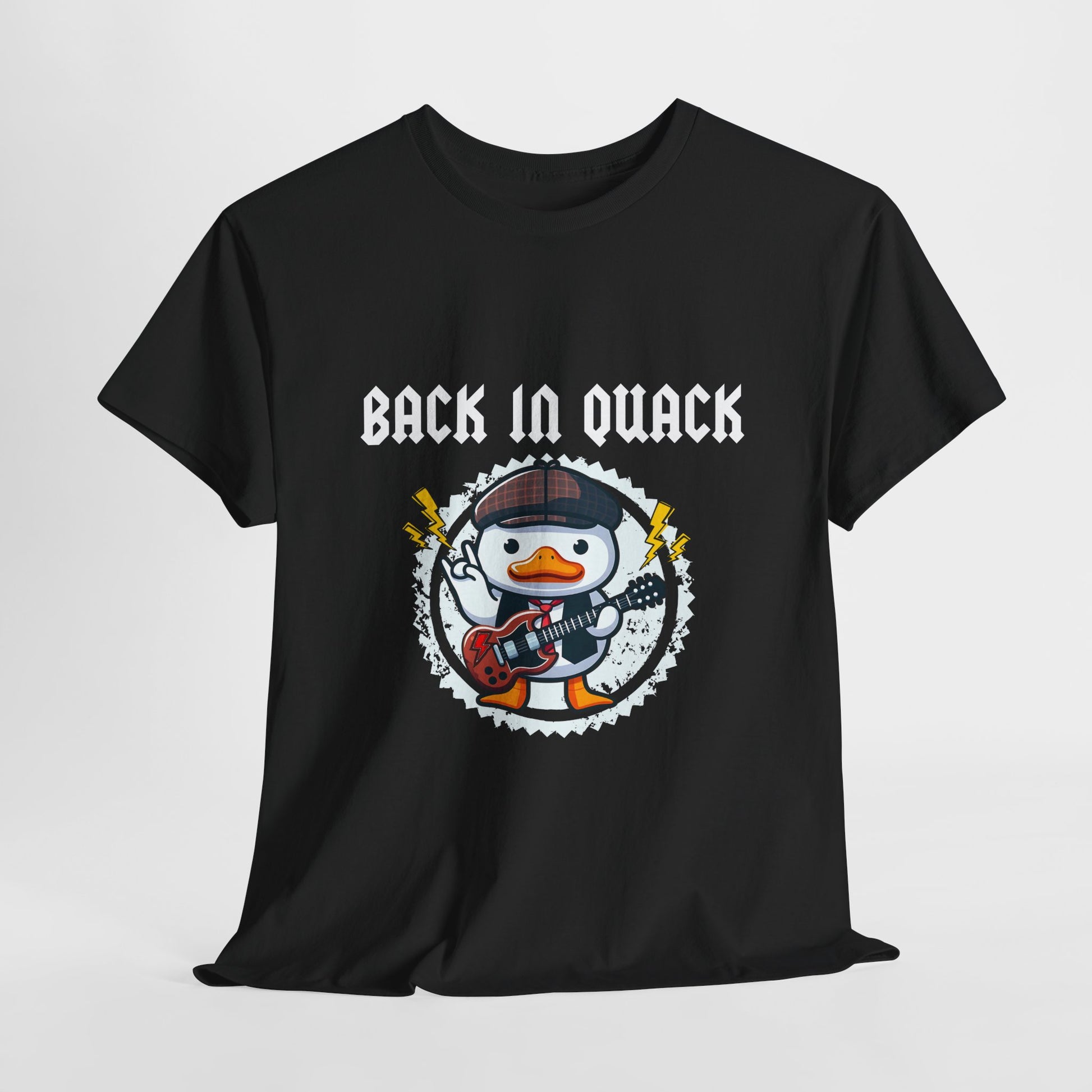 Back in Black T-Shirt featuring a duck dressed as Angus Young playing guitar—a playful AC/DC tribute on a unisex heavy cotton tee perfect for rock and classic rock fans.