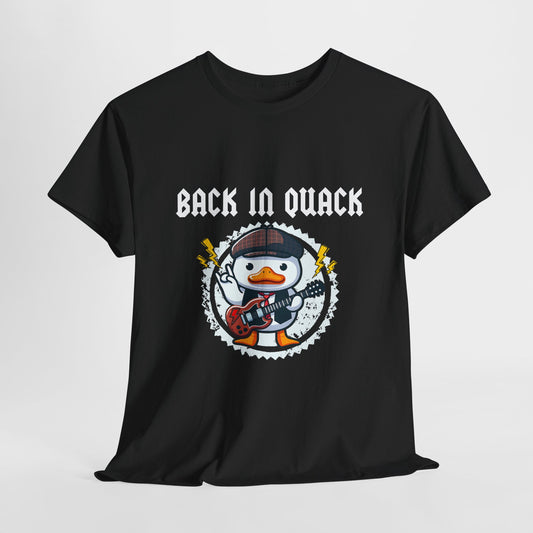 Back in Black T-Shirt featuring a duck dressed as Angus Young playing guitar—a playful AC/DC tribute on a unisex heavy cotton tee perfect for rock and classic rock fans.