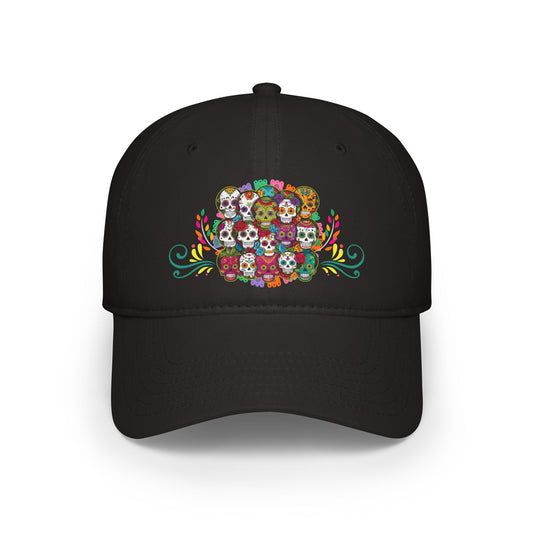 Vibrant Catrina collage cap inspired by Día de Muertos, celebrating Mexican heritage with bold artistry. Perfect for festive occasions, it honors Mexican traditions and adds a lively touch to your look.