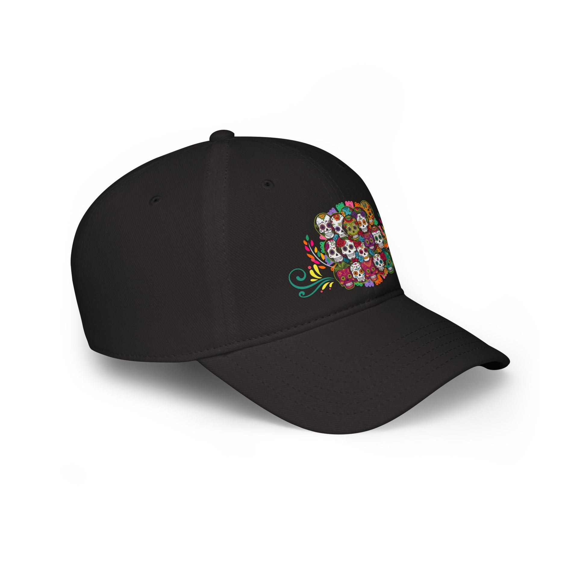Vibrant Catrina collage cap inspired by Día de Muertos, celebrating Mexican heritage with bold artistry. Perfect for festive occasions, it honors Mexican traditions and adds a lively touch to your look.
