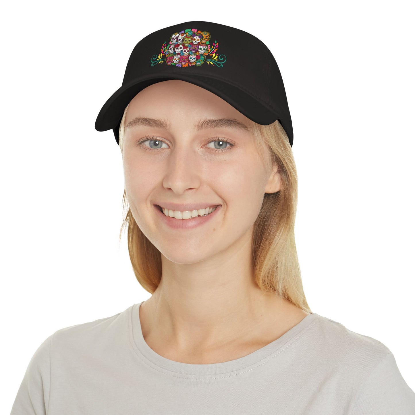 Vibrant Catrina collage cap inspired by Día de Muertos, celebrating Mexican heritage with bold artistry. Perfect for festive occasions, it honors Mexican traditions and adds a lively touch to your look.
