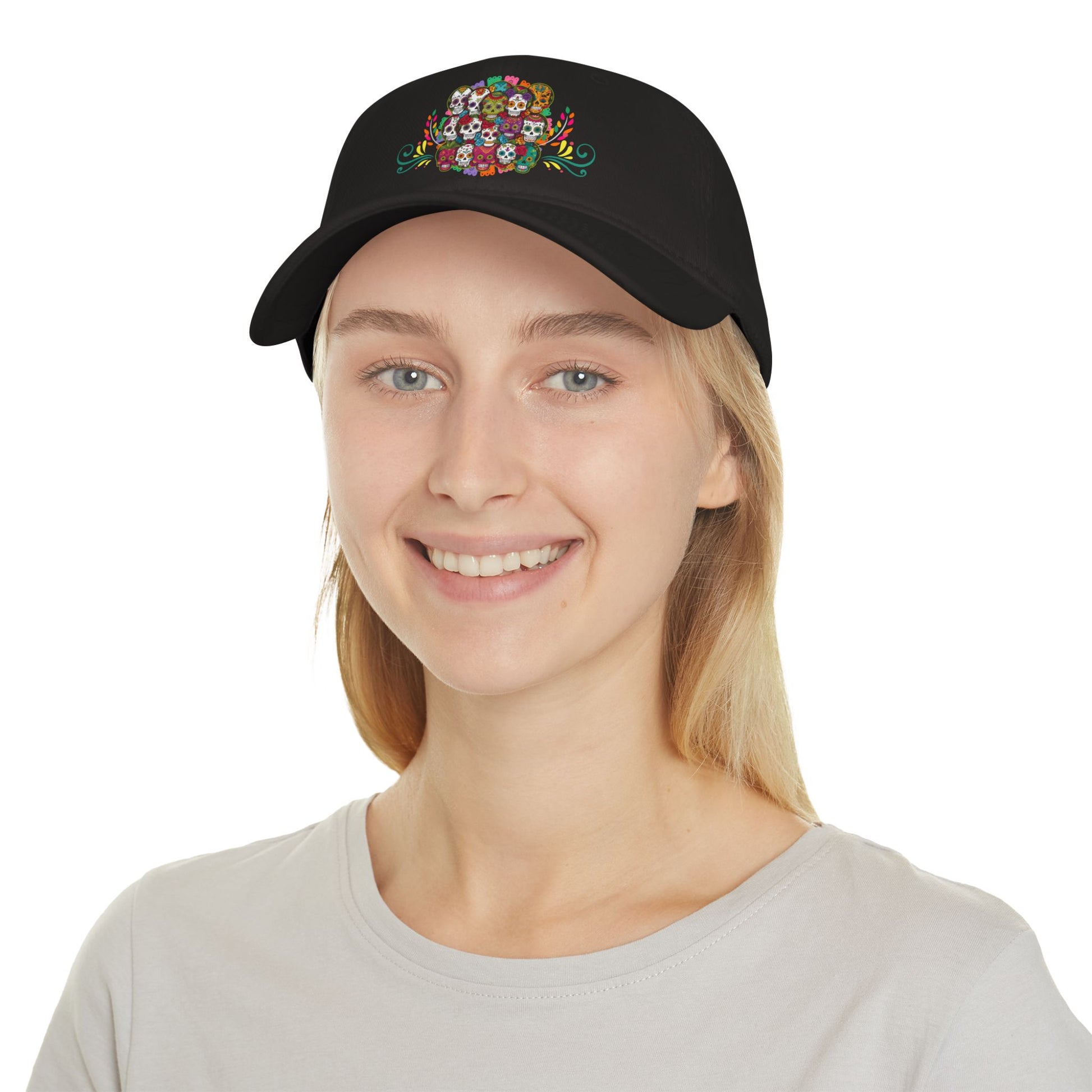 Vibrant Catrina collage cap inspired by Día de Muertos, celebrating Mexican heritage with bold artistry. Perfect for festive occasions, it honors Mexican traditions and adds a lively touch to your look.