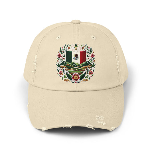 Vintage distressed unisex cap featuring embroidered Mexico flag and mountain design. A bold statement piece perfect for celebrating Mexican heritage at events like 5 de Mayo and Día de los Muertos.