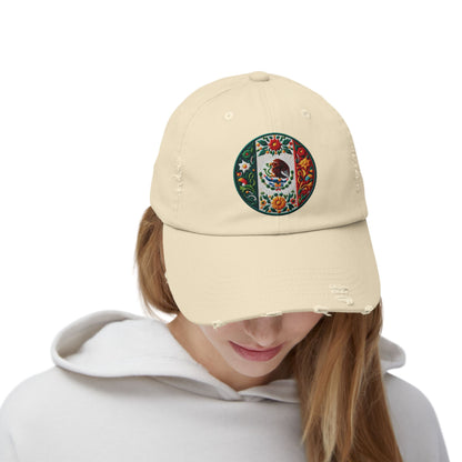 Distressed unisex cap featuring an embroidered Mexico flag design, inspired by traditional Mexican artistry. A perfect accessory for celebrating cultural pride on occasions like 5 de Mayo and Día de los Muertos