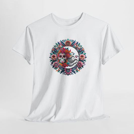 Vibrant Floral Catrina T-shirt inspired by Día de los Muertos, celebrating Mexican culture and tradition. Featuring bold artistic elements, it adds a stylish touch for festivals, casual outings, or as a unique gift, honoring the spirit of Mexico's rich heritage.