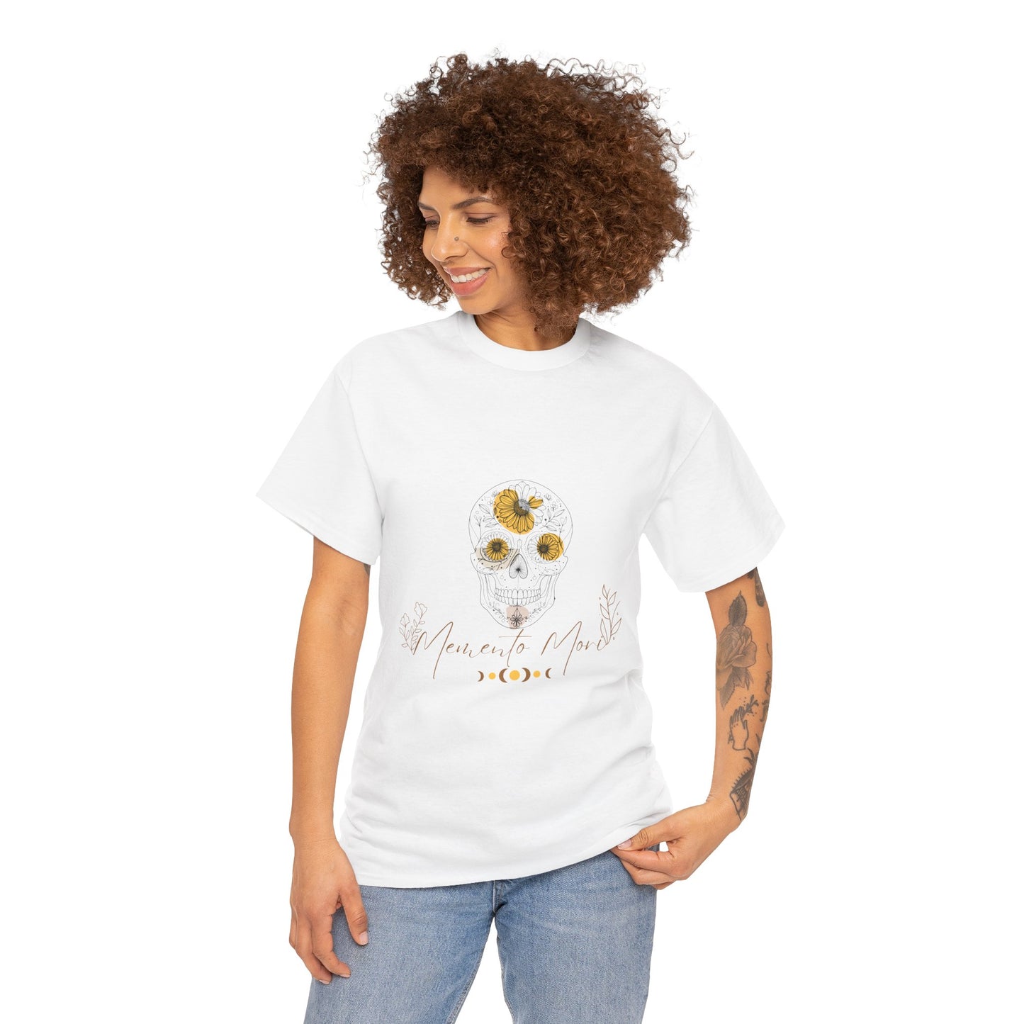 Floral Memento Mori Skull T-Shirt featuring intricate floral details fused with a striking skull design. This unisex heavy cotton tee embodies boho chic style and bohemian charm, making it perfect for casual gatherings, concerts, or everyday wear, and an ideal gift for celebrating individuality.