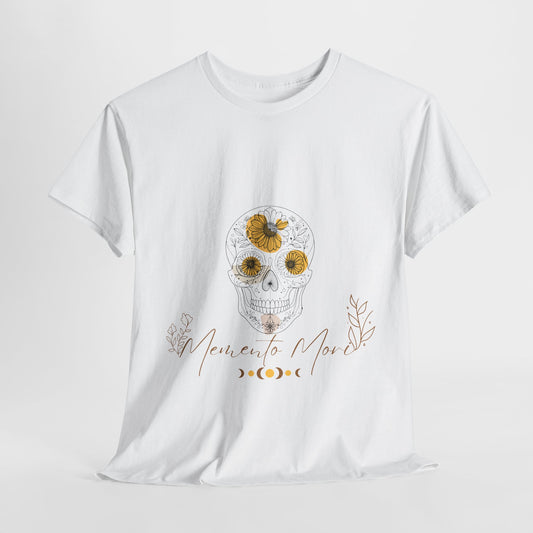 Floral Memento Mori Skull T-Shirt featuring intricate floral details fused with a striking skull design. This unisex heavy cotton tee embodies boho chic style and bohemian charm, making it perfect for casual gatherings, concerts, or everyday wear, and an ideal gift for celebrating individuality.