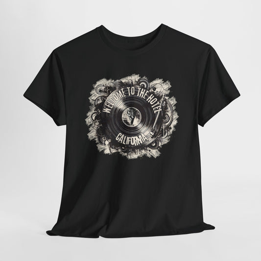 Vintage-inspired Hotel California T-Shirt featuring a nostalgic vinyl record design. Perfect for fans of The Eagles and classic rock, this retro tee celebrates iconic rock music for concerts, casual outings, and as a unique gift for rock enthusiasts.
