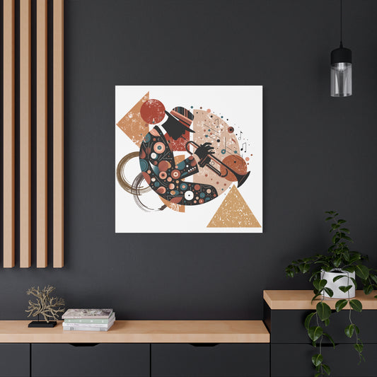 Jazz-inspired boho canvas wall art in 36x36 size featuring a vibrant trumpet player design. Ideal for stylish living rooms, offices, and art spaces.