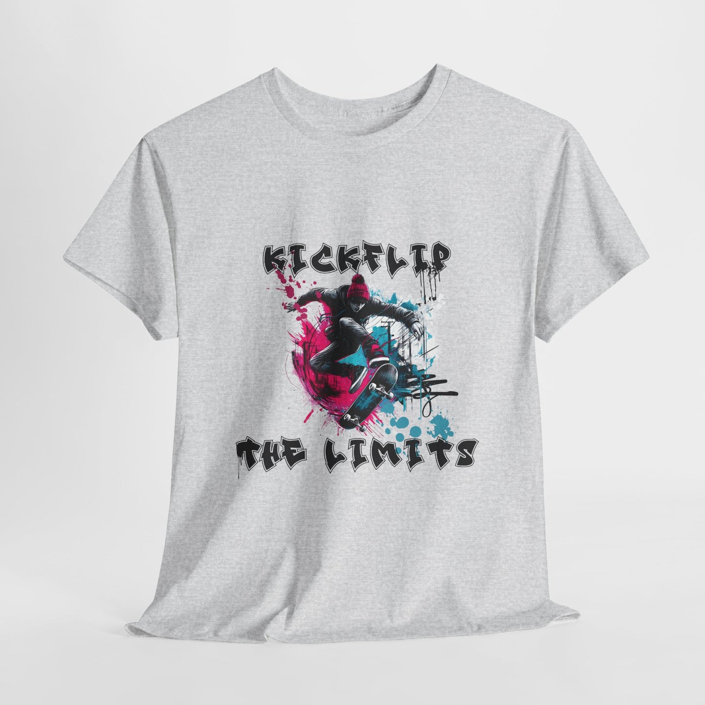 Kickflip Skateboarding T-Shirt featuring a bold urban skateboarding graphic with a skateboarder performing a kickflip—perfect for streetwear and skate culture enthusiasts.

