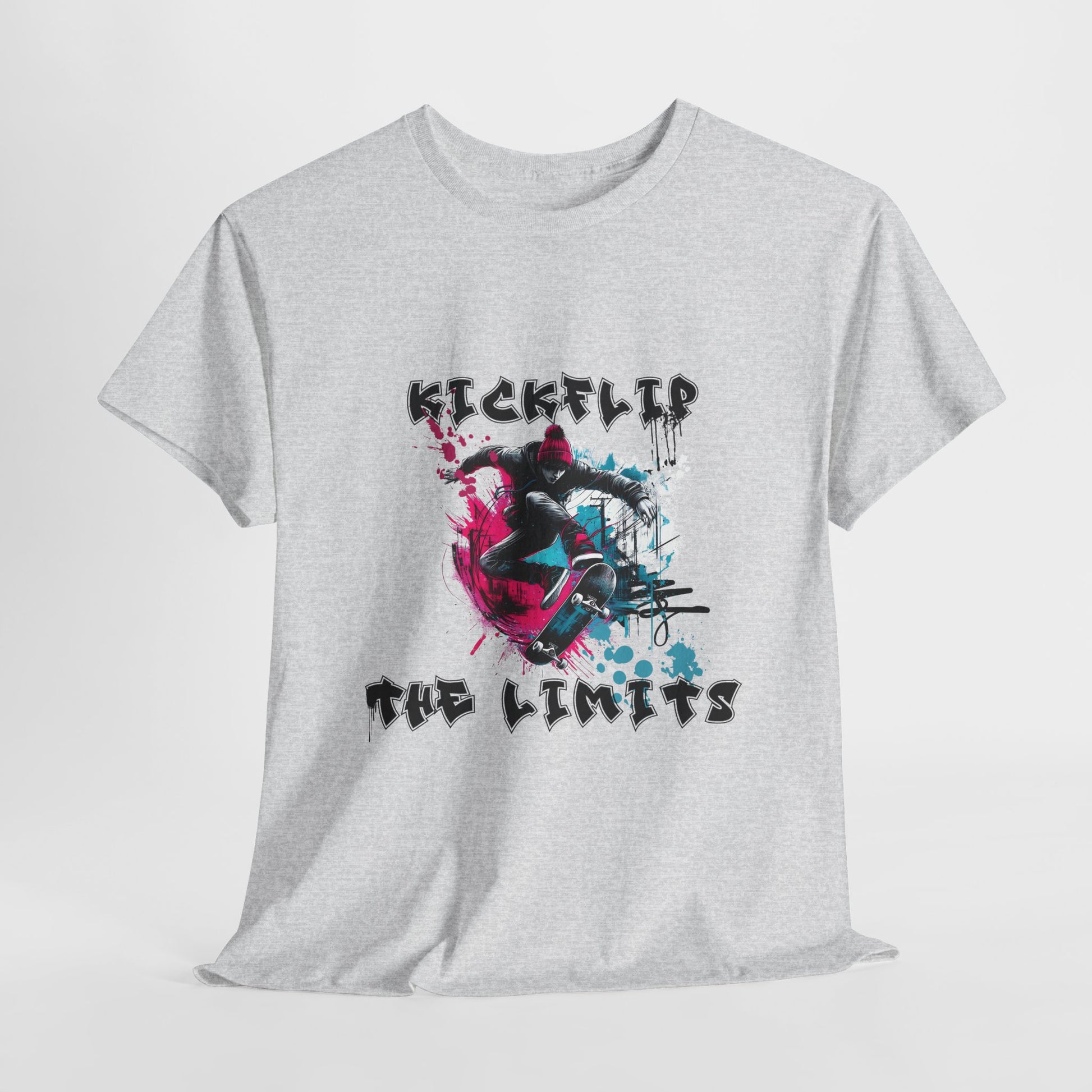 Kickflip Skateboarding T-Shirt featuring a bold urban skateboarding graphic with a skateboarder performing a kickflip—perfect for streetwear and skate culture enthusiasts.

