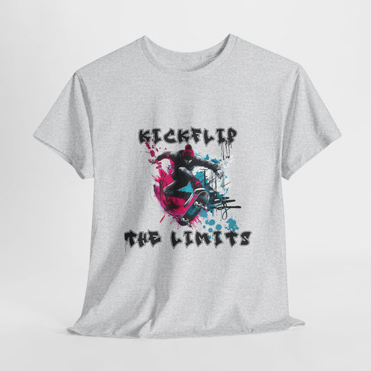 Kickflip Skateboarding T-Shirt featuring a bold urban skateboarding graphic with a skateboarder performing a kickflip—perfect for streetwear and skate culture enthusiasts.

