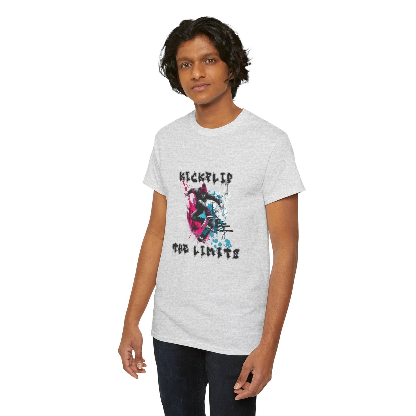 Kickflip Skateboarding T-Shirt featuring a bold urban skateboarding graphic with a skateboarder performing a kickflip—perfect for streetwear and skate culture enthusiasts.