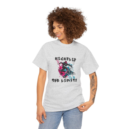 Kickflip Skateboarding T-Shirt featuring a bold urban skateboarding graphic with a skateboarder performing a kickflip—perfect for streetwear and skate culture enthusiasts.