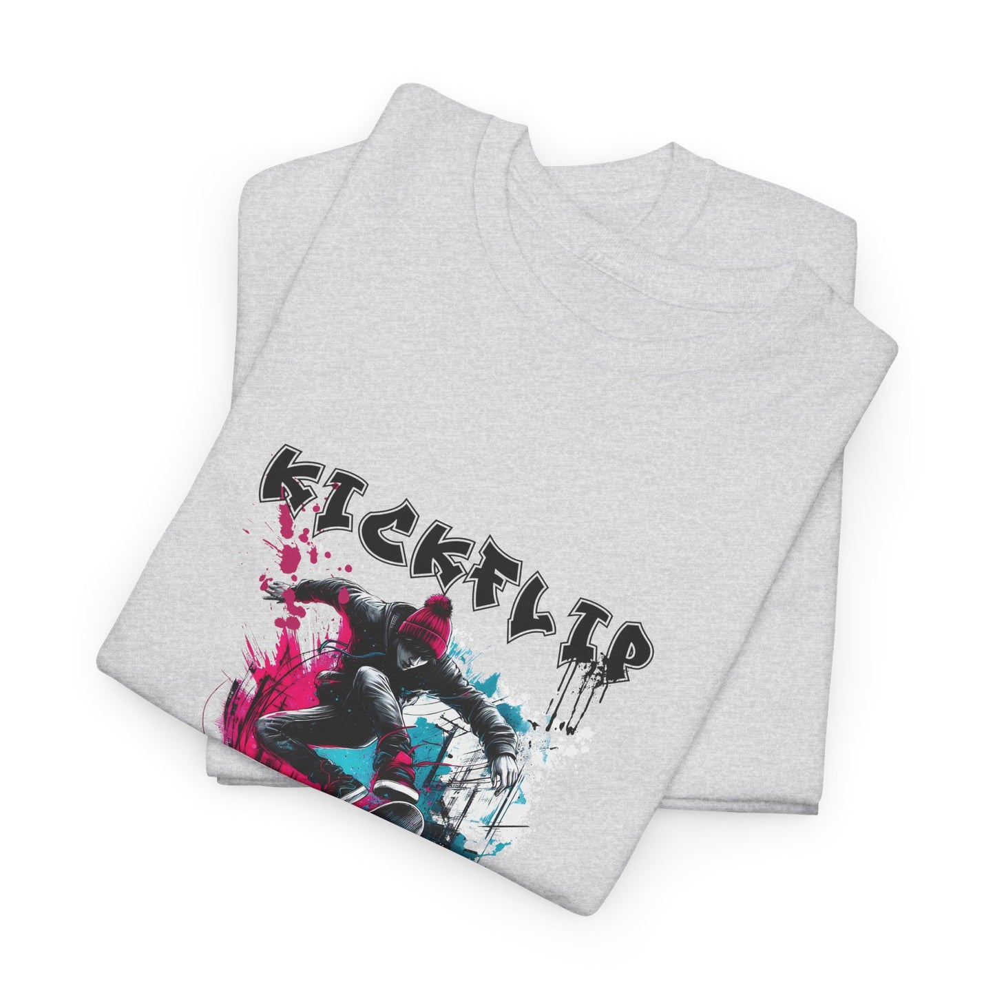 Kickflip Skateboarding T-Shirt featuring a bold urban skateboarding graphic with a skateboarder performing a kickflip—perfect for streetwear and skate culture enthusiasts.