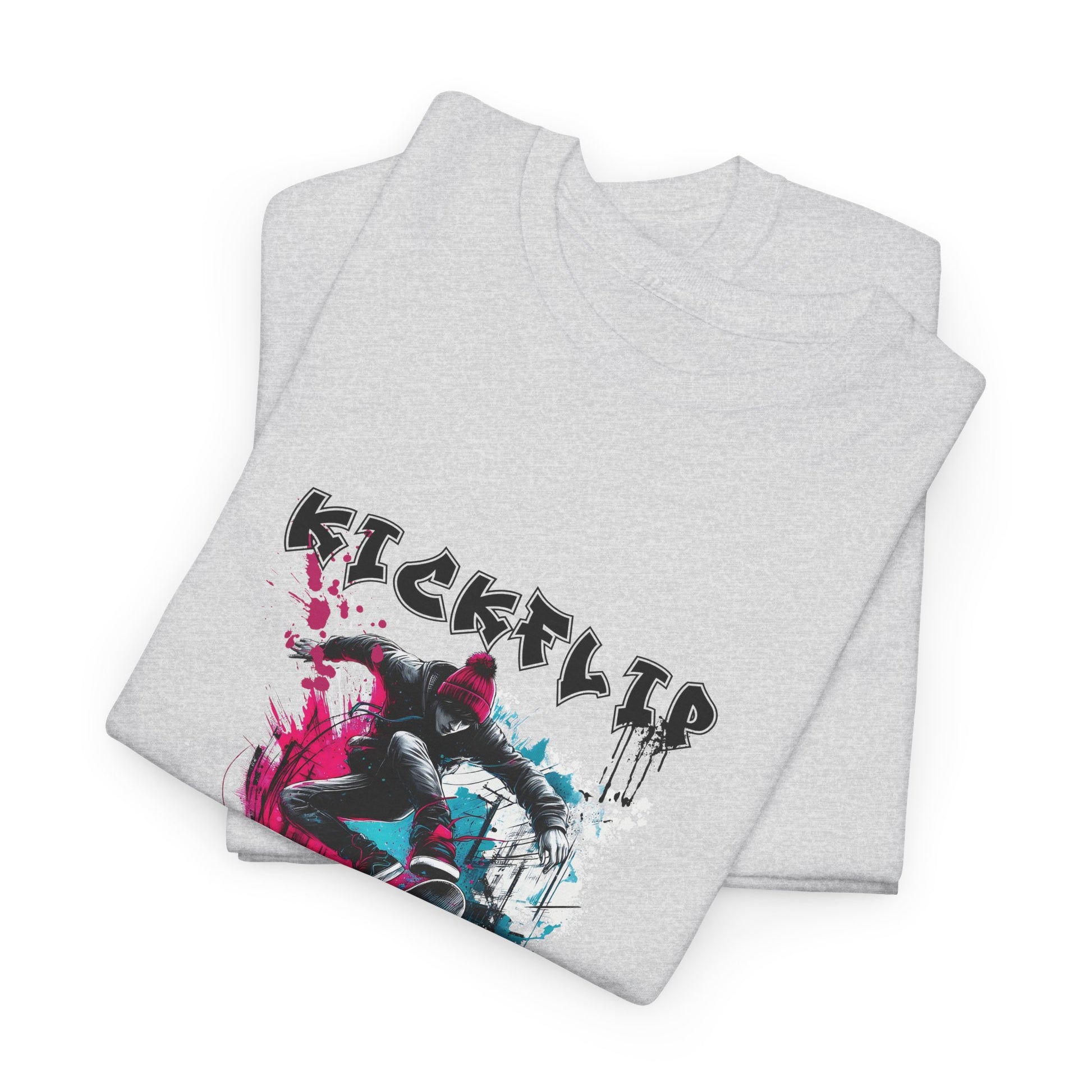 Kickflip Skateboarding T-Shirt featuring a bold urban skateboarding graphic with a skateboarder performing a kickflip—perfect for streetwear and skate culture enthusiasts.