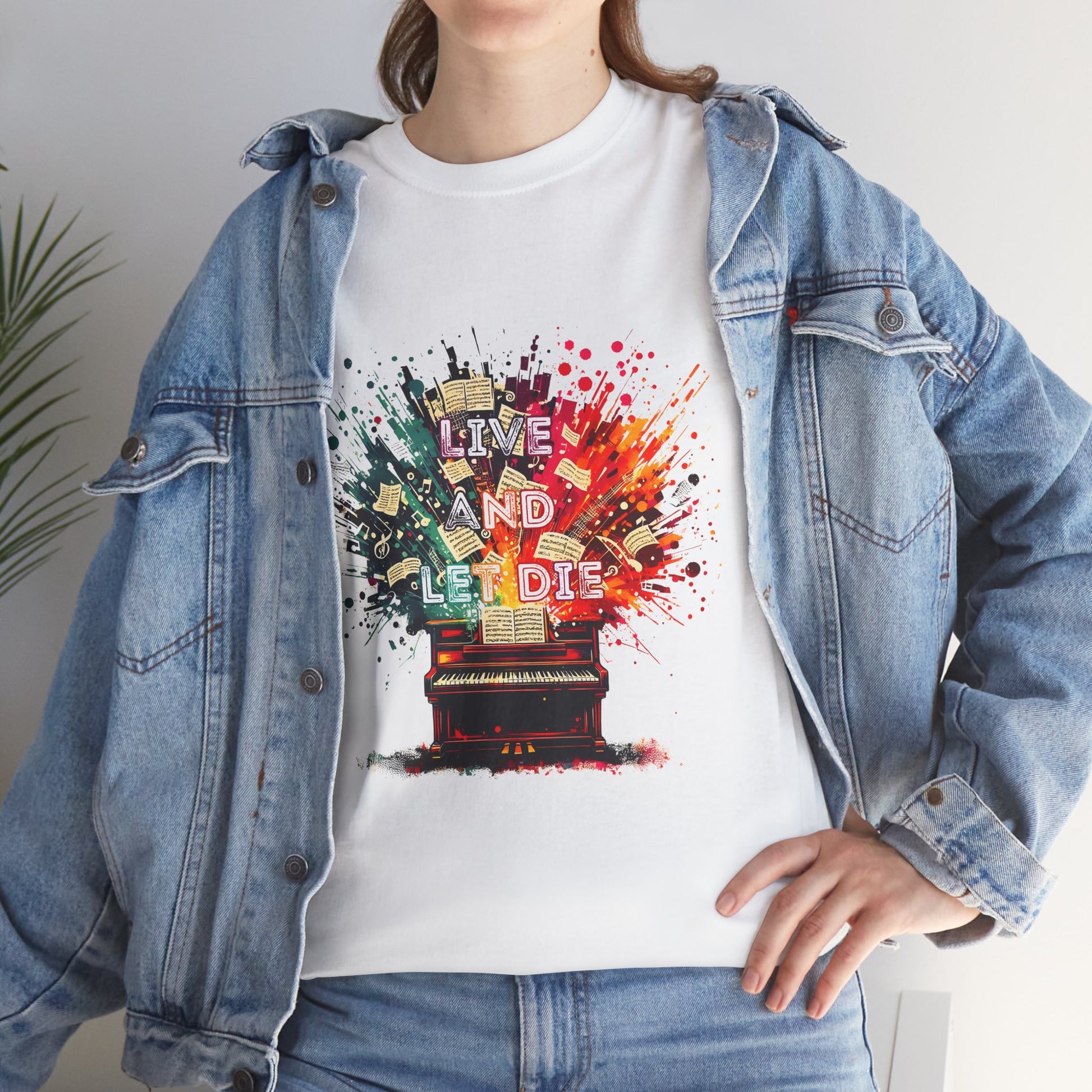 Close-up of a girl wearing the white Live and Let Die t-shirt tribute to Paul McCartney and Wings. Vintage rock style captured in fine detail.


