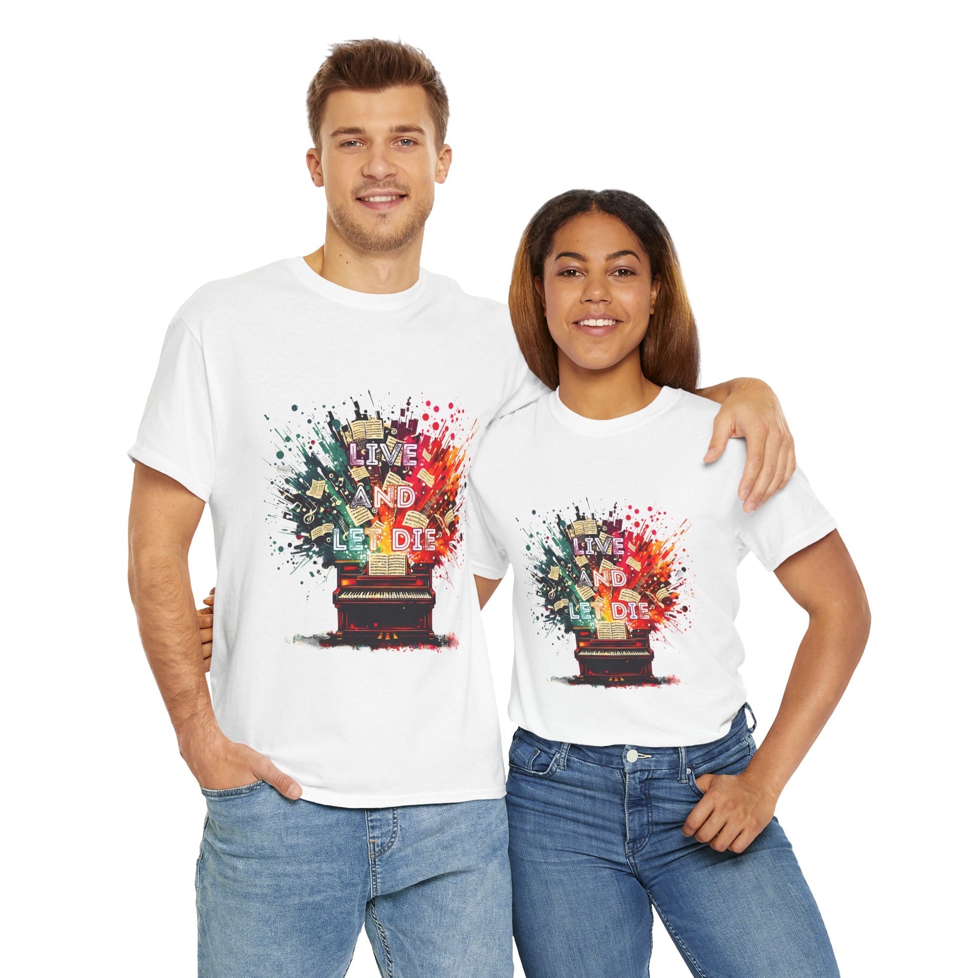 Couple wearing white Live and Let Die t-shirts paying tribute to Paul McCartney and Wings. A stylish vintage rock look perfect for shared style and concerts.